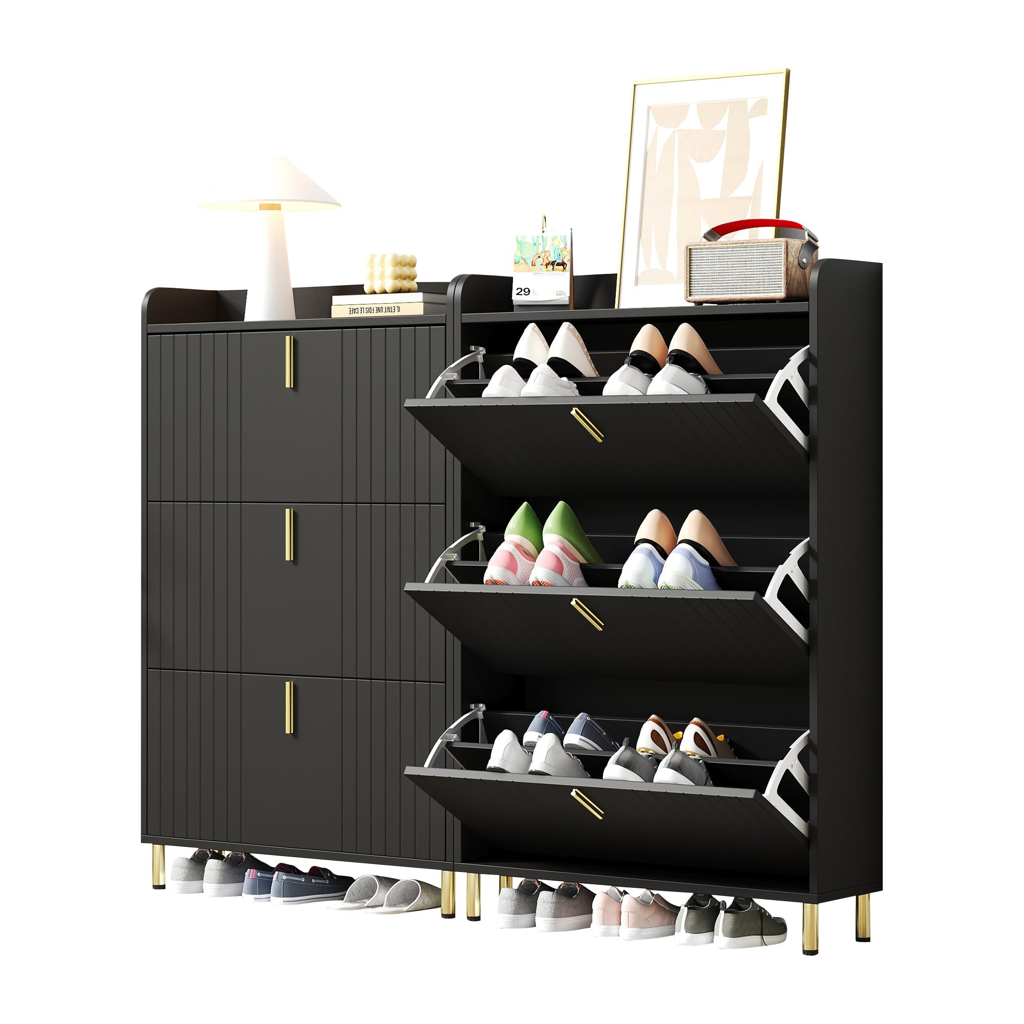 2er Set Schuhschränke je 3 Klappen 6 Fächer Schwarz 80x23,5x123,5cm