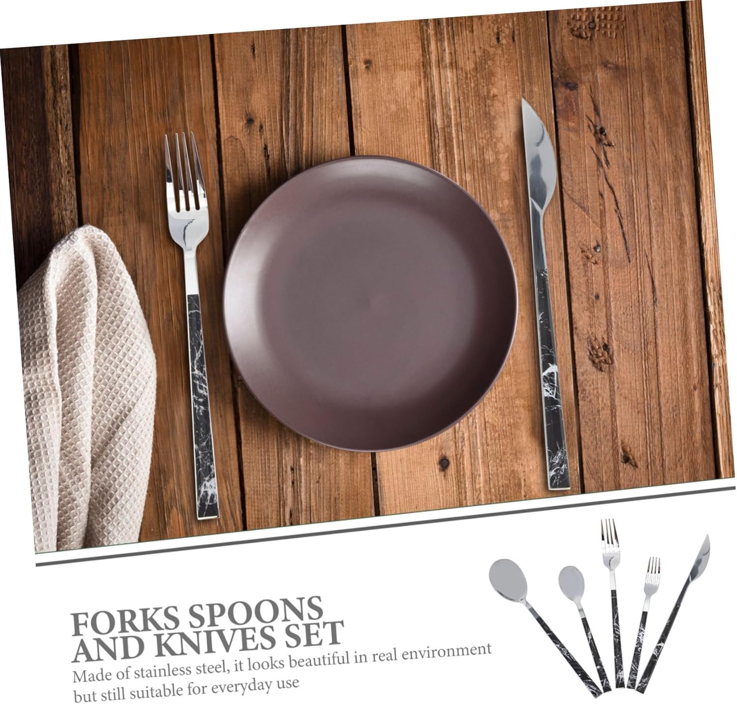 Juego De Cubiertos De 3/5 Piezas, Cuchillo, Tenedor, Cuchara, Juego De Cubiertos De Acero Inoxidable, Juego De Cubiertos De Plástico con Mango De Madera, Juego D,5 Pcs