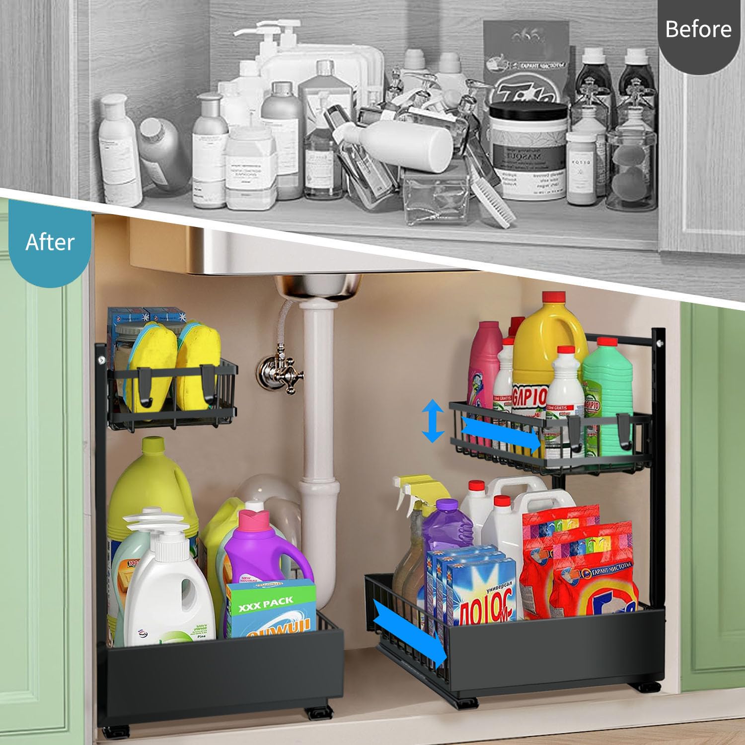 sagetta Black Under Sink Organizers with Sliding Rails Under Kitchen Sink Organizers and Storage Pull out Kitchen Cabinet Organizer Height Adjustable Cabinet Storage Shelves Two Tiers
