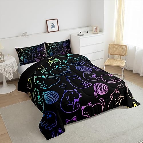 Miniatura 5 de Juego de ropa de cama con diseño de dibujos animados y diseño de gato Kawaii para niños y niñas, juego de cama de líneas de neón coloridas, edredón