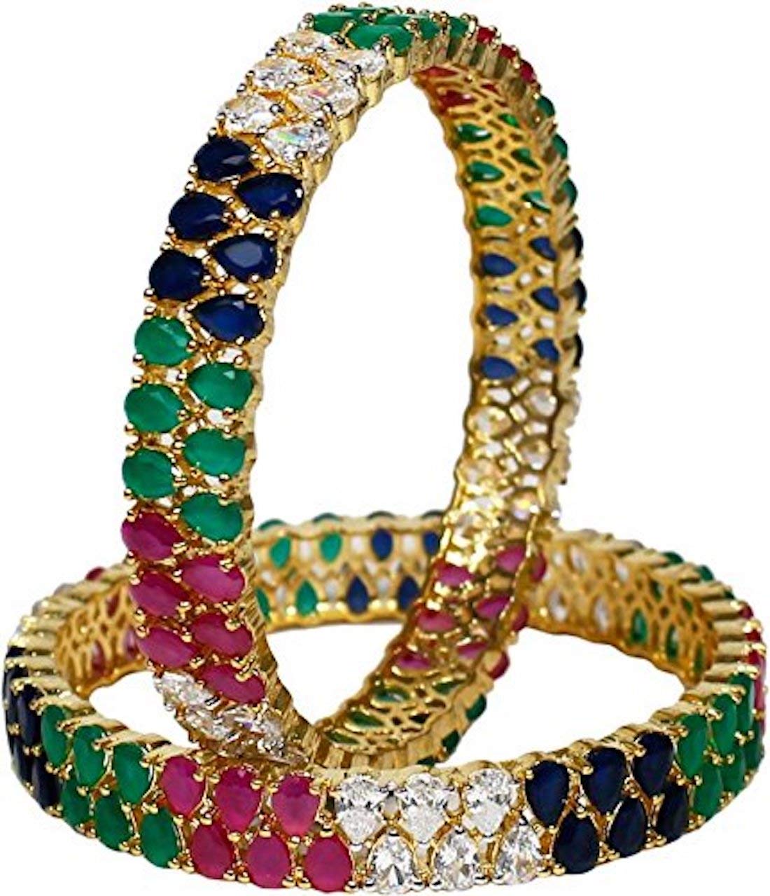 Ratnavali JewelsBeautiful CZ/AD Studded Gold Plated Traditional Blue Green Red American Diamond Bangles Set for Women (RVA530)