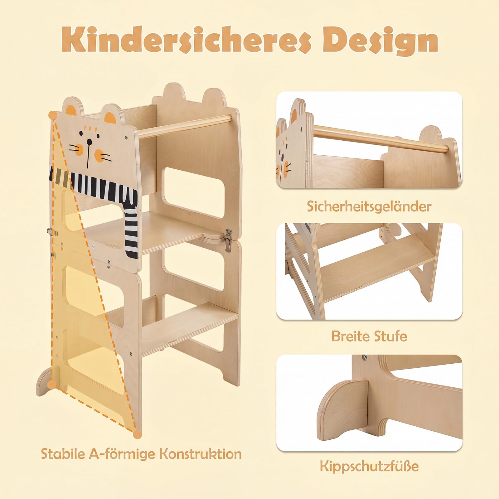 COSTWAY 3 in 1 Lernturm klappbar aus Holz, 50 kg belastbar, Natur | Tritthocker mit Tafel in Katzenform, Tritthschemel Montessori, Küchenhelfer für Kinder ab 18 Monaten