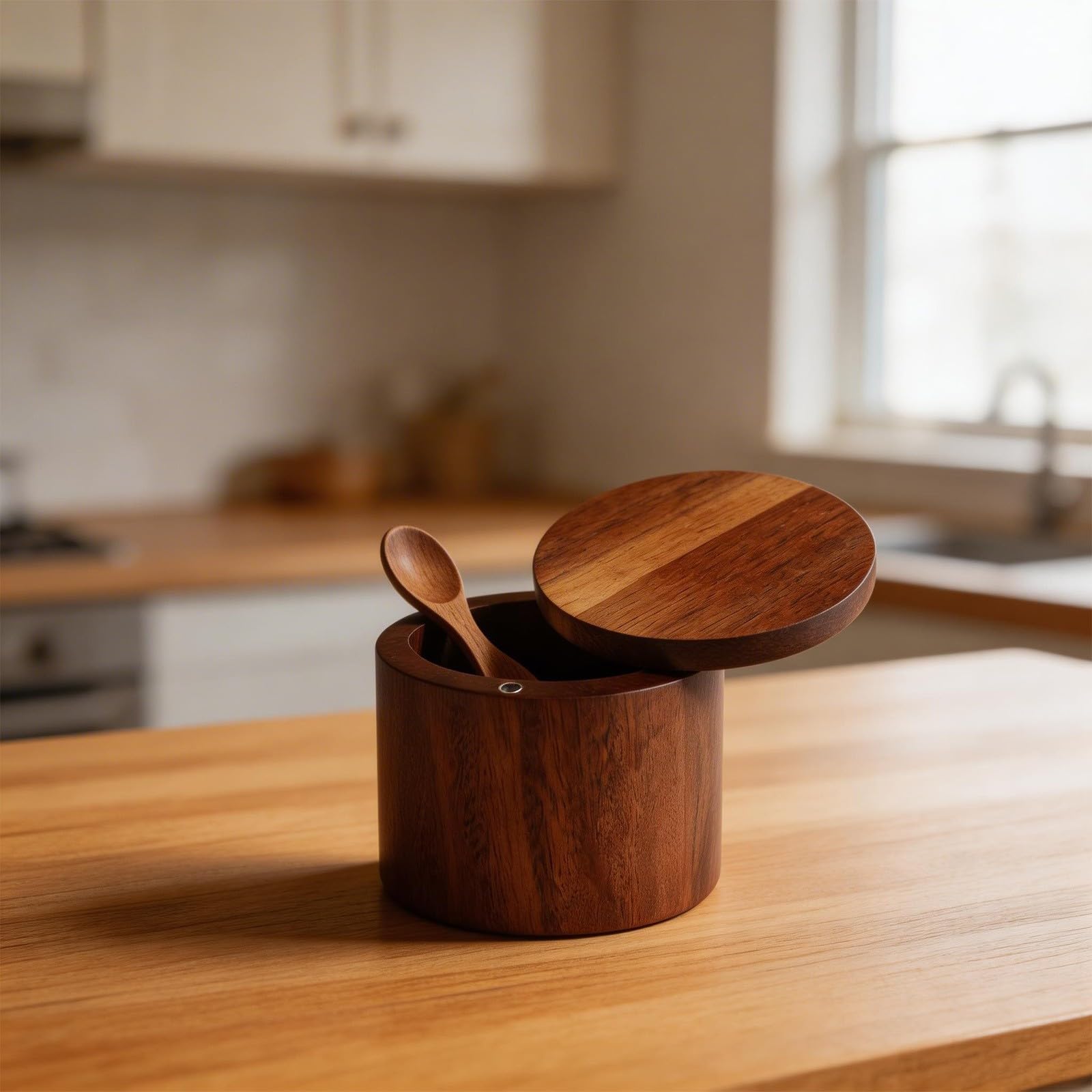 Salero de madera natural con tapa de cierre giratorio y ranura funcional para cuchara para un flujo de trabajo de cocina optimizado (marrón)