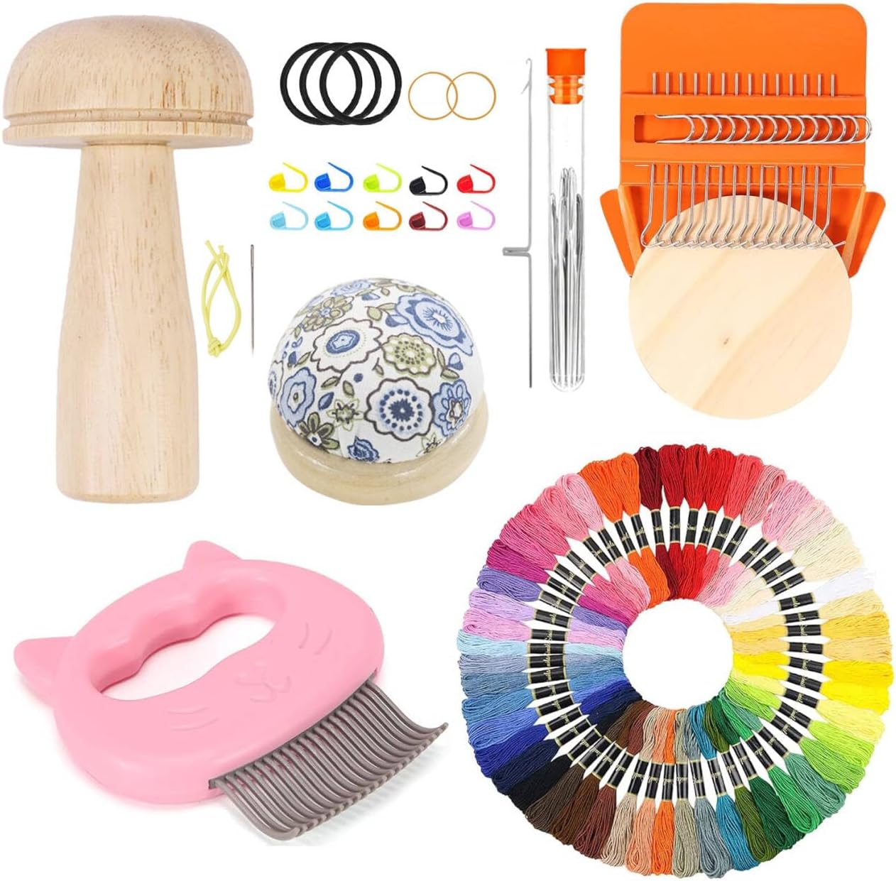 Knit Patch Kit PatchMaker 2.0, Portable Mushroom Darning Loom with 9 Pcs Large Eye Needles 50 Colors Thread for Holes Repair on Socks & Jeans, Weaving Tool Set for Quickly Sewing Repair(Orange)