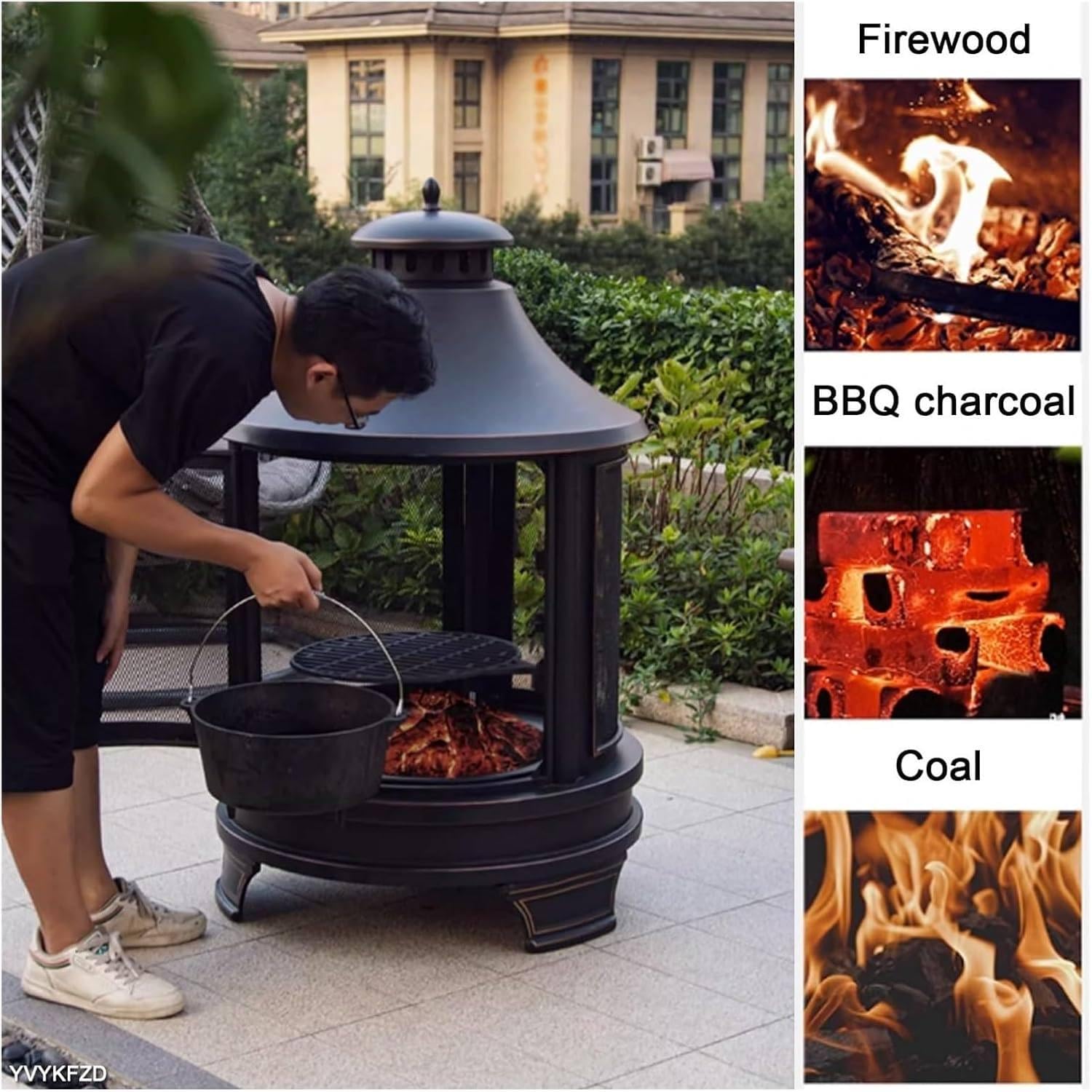 Braciere quadrato per esterni, a legna, con griglia di cottura, 49,5 x 30,5 cm (altezza x larghezza), per giardino, cortile, cortile, barbecue, design pagoda
