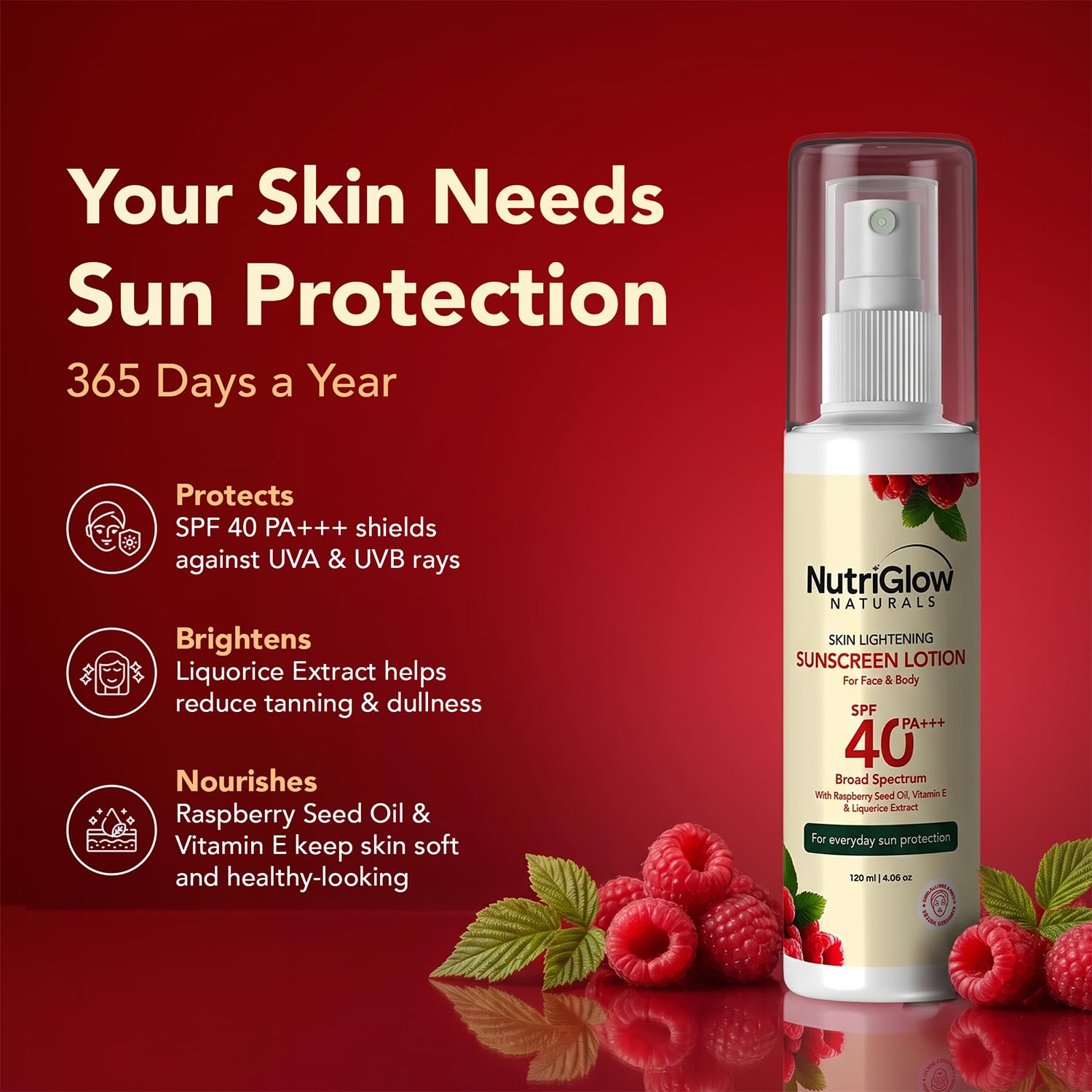 NutriGlow Naturals Skin Lightening Sunscreen Lotion for Face & Body | SPF 40 PA+++ | Broad Spectrum UVA & UVB Protection | With Liquorice Extract, Raspberry Seed Oil & Vitamin E | Lightweight, No White Cast, Non-Greasy | For Men & Women | All Skin Types- Oily, Dry, Sensitive |120 ml Pack of 2 3
