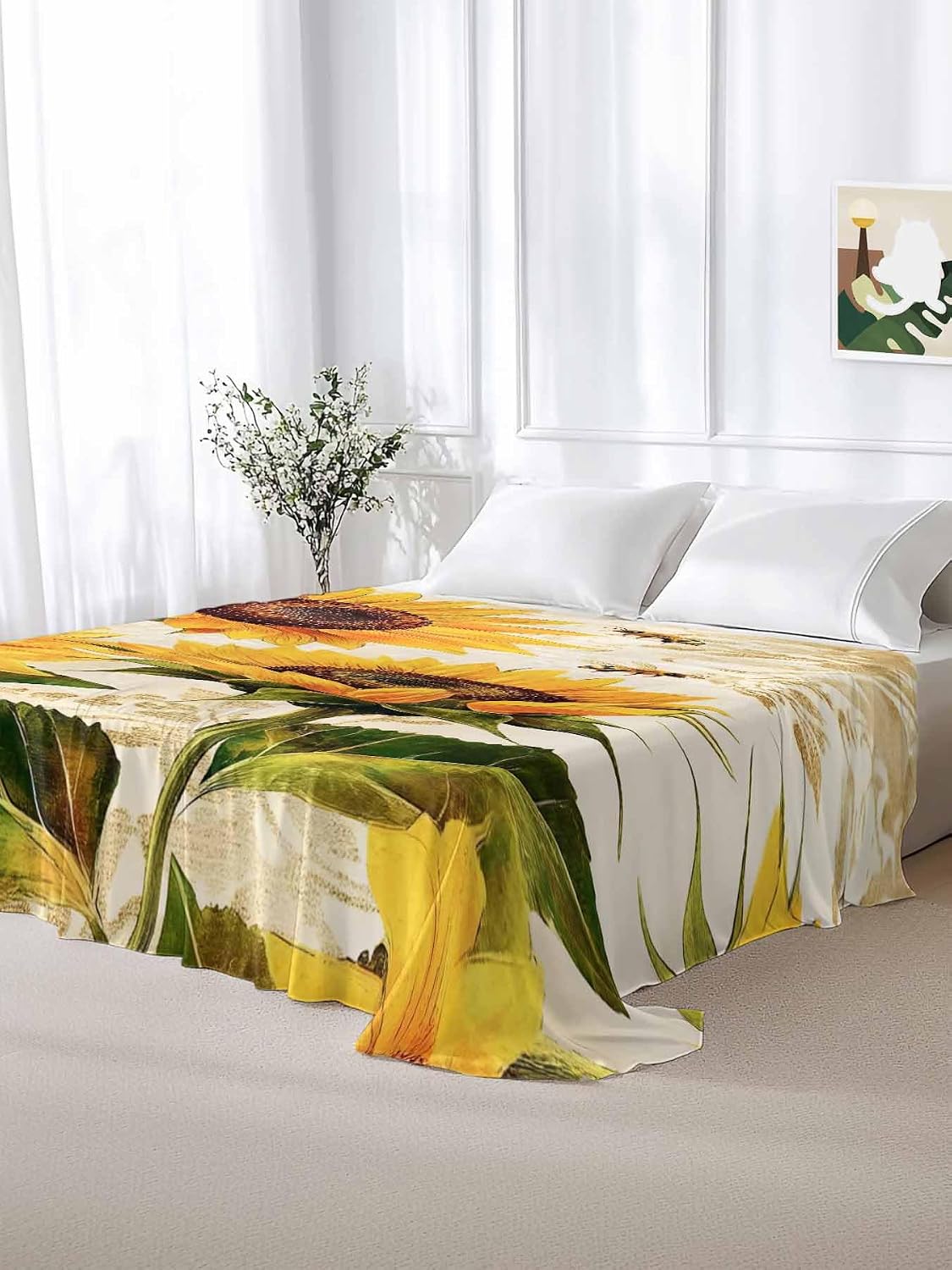 Top Sheet Full Bedding Flat Sheet Only, Summer Blossom Sunflower Bee Microfiber Bed Sheets Soft Breathable Bedding Flat Sheets, Retro Flower Leaves Hotel Luxury Top Sheets