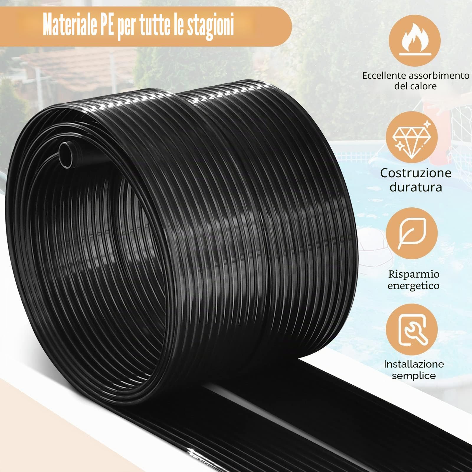 FANTASK Riscaldamento Solare per Piscina 600 x 75 cm, collettore Solare per Piscina in polietilene Resistente ai Raggi UV, collettori solari arrotolabili, per Piscine Fino a 25800 l, Nero