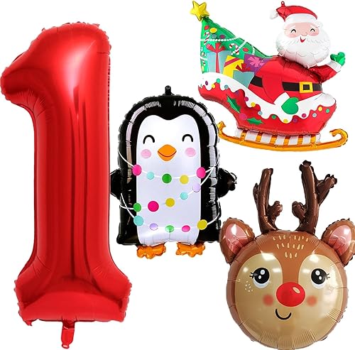 Globos de papel de aluminio de Navidad, cumpleaños, globos número 1, pingüino, Papá Noel, reno para decoración de fiestas temáticas de renos,