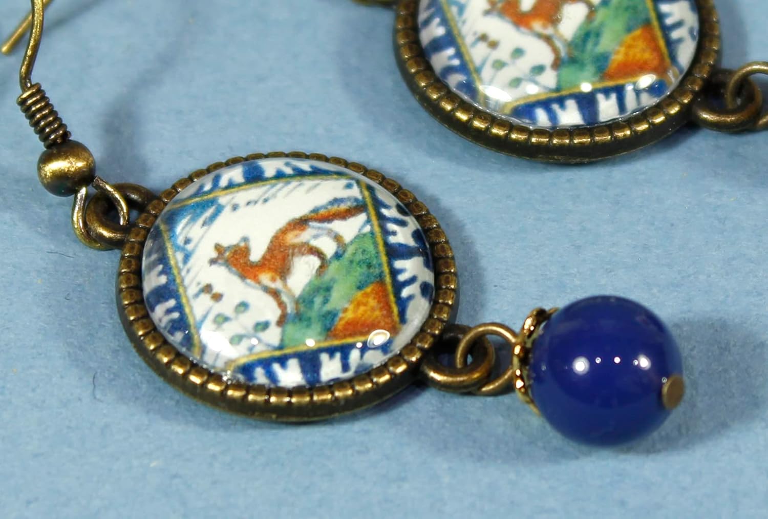 'Dutch Tile Motifs', Various Blue and Brown Delftware Cabochon Dangle Earrings
