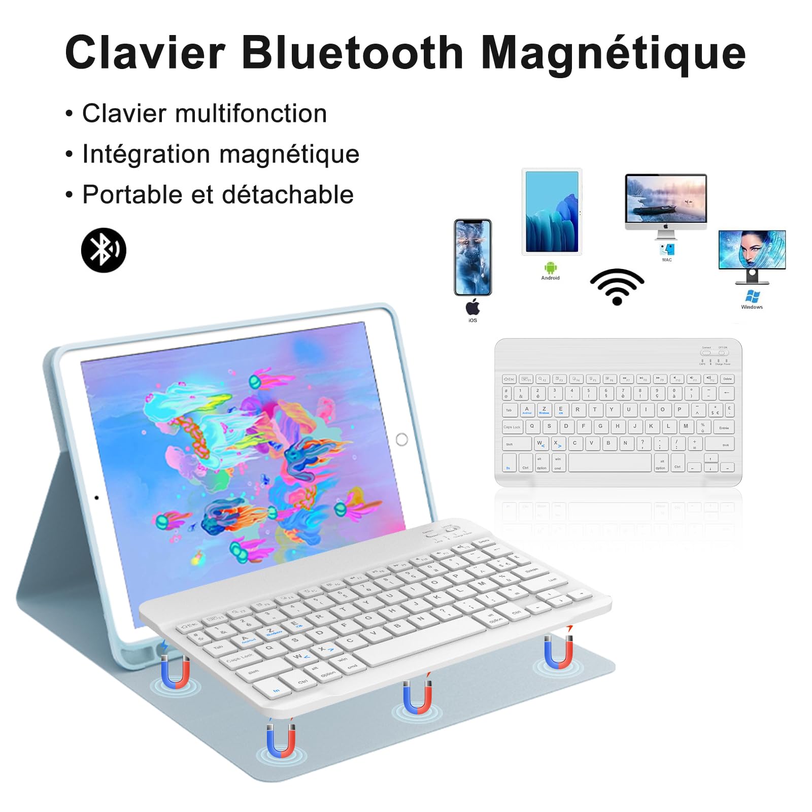 Coque Clavier pour iPad 6e/5e Génération 9.7 Pouces, AZERTY Français Housse Clavier Bluetooth Magnétique Détachable avec Porte Crayon pour iPad 2018/2017 9.7", Air 2/1, Pro 9.7 2016, Bleu Ciel