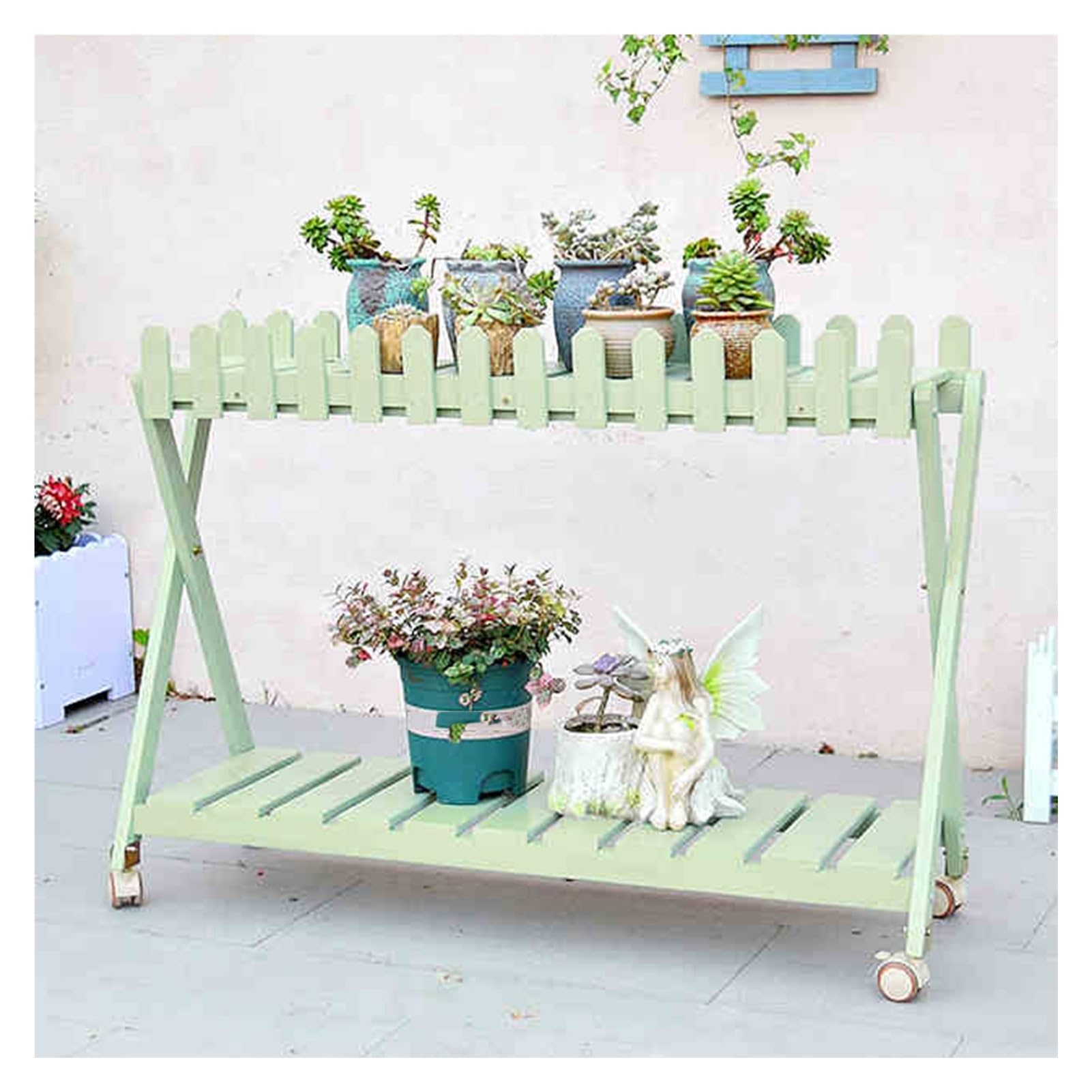 Présentoir pour plantes d'intérieur à roulettes double niveau bois