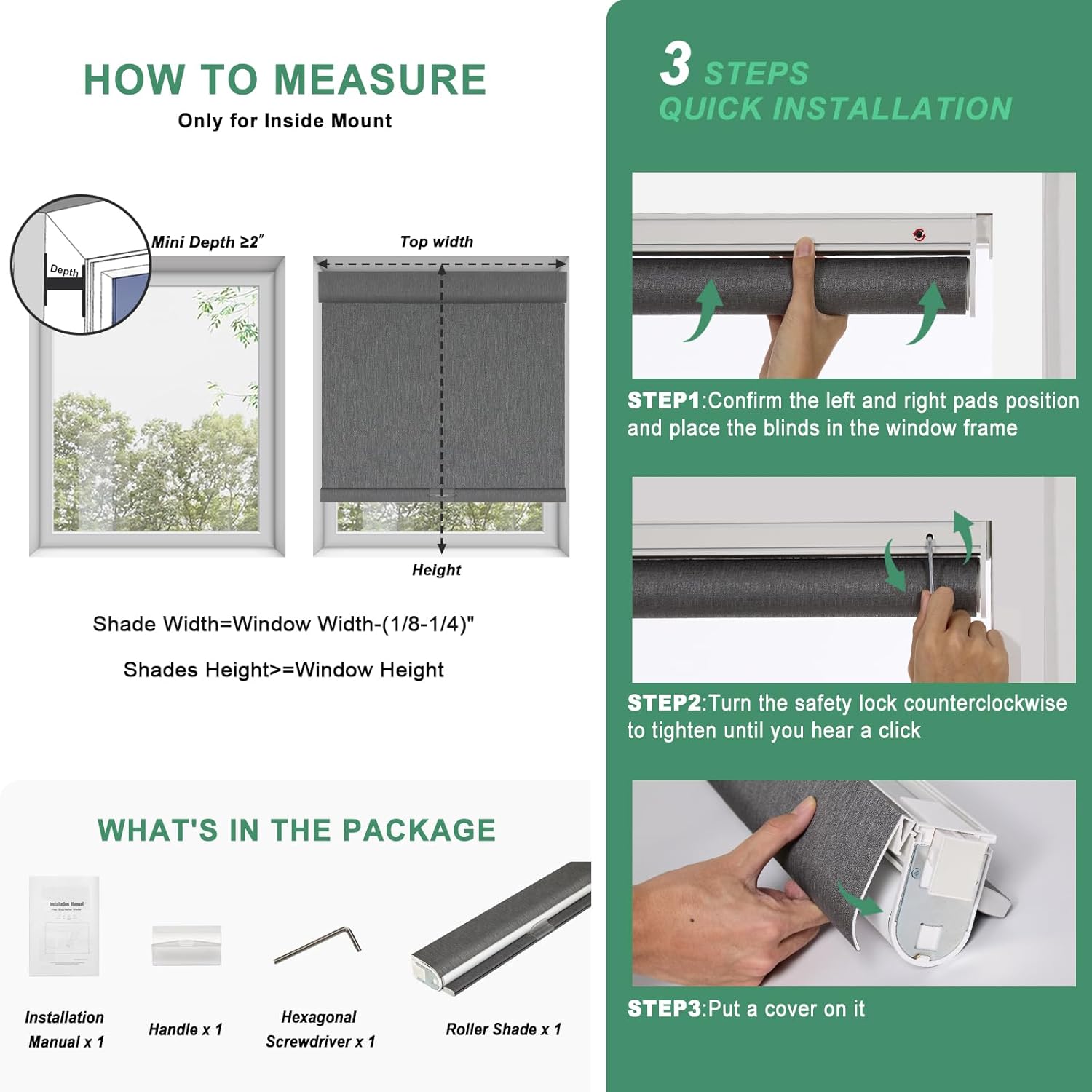 No Drill Blackout Roller Shades Cordless Window Blinds for Indoor Windows, Jacquard Fabric Pull Down Blinds for Home, Bedroom, Bathroom, Kitchen, Living Room, Office, Custom Size, Grey