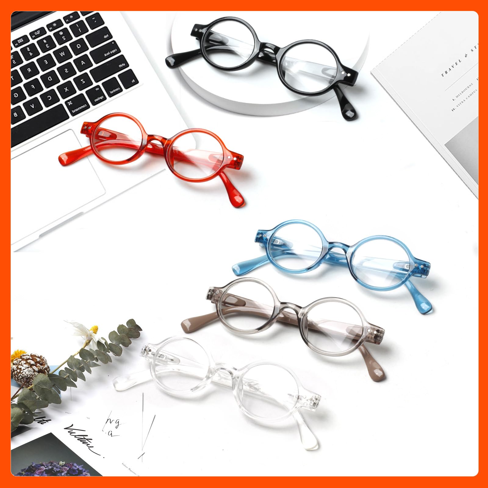 JOSCHOO Lesebrille, rund, Retro, Mini, bequem, für Männer und Frauen, 5 Farben sortiert - 7, 1,50, 5 Stück