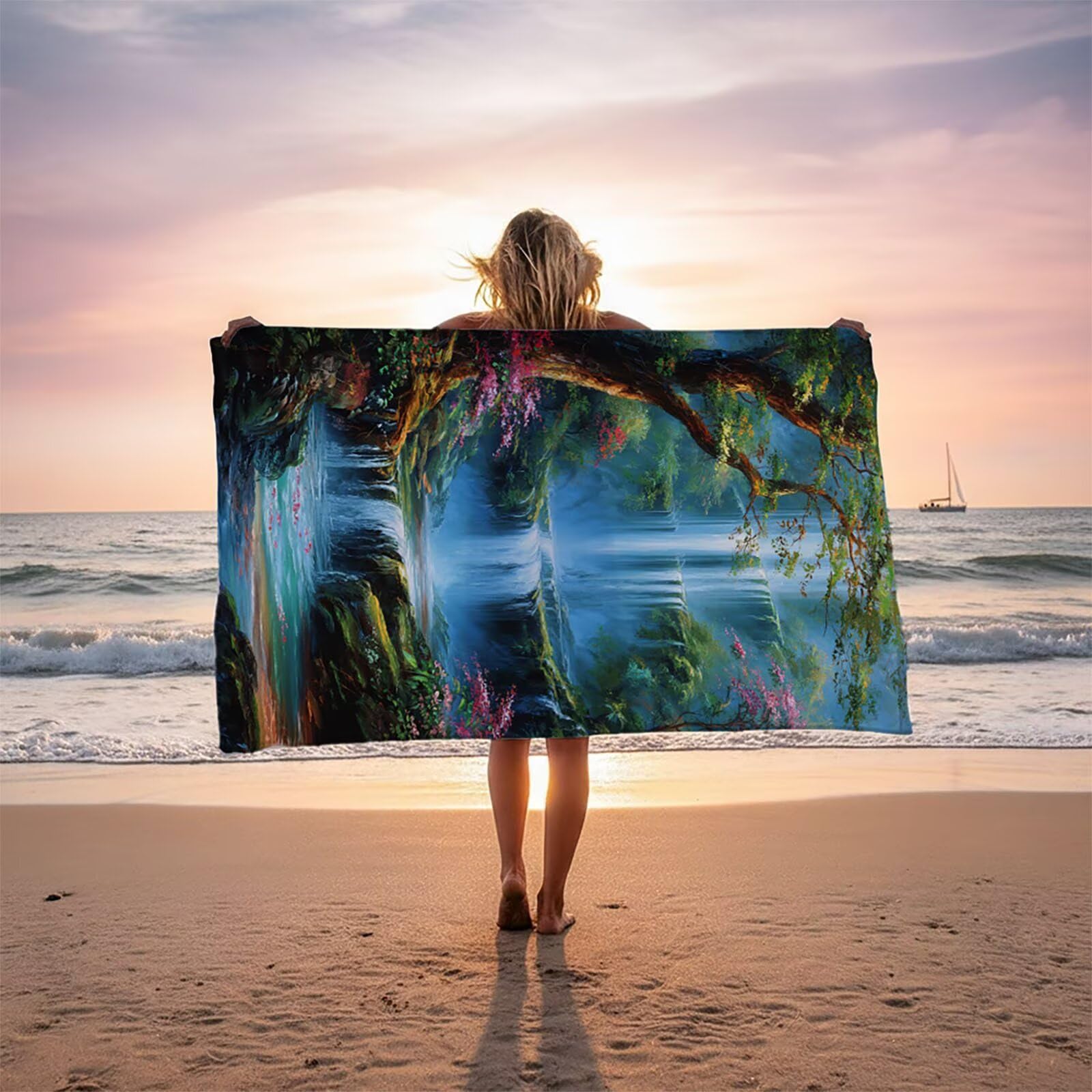 Toalla Playa Cascada, Toalla Playa Grande 220x100 cm Suave Cómodo y Absorbente para Vacaciones Imprescindibles para Viajar, Toallas Gimnasio para Yoga Gym Spa Sauna Baños Regalo Mujere áRbol LSTJ-2693