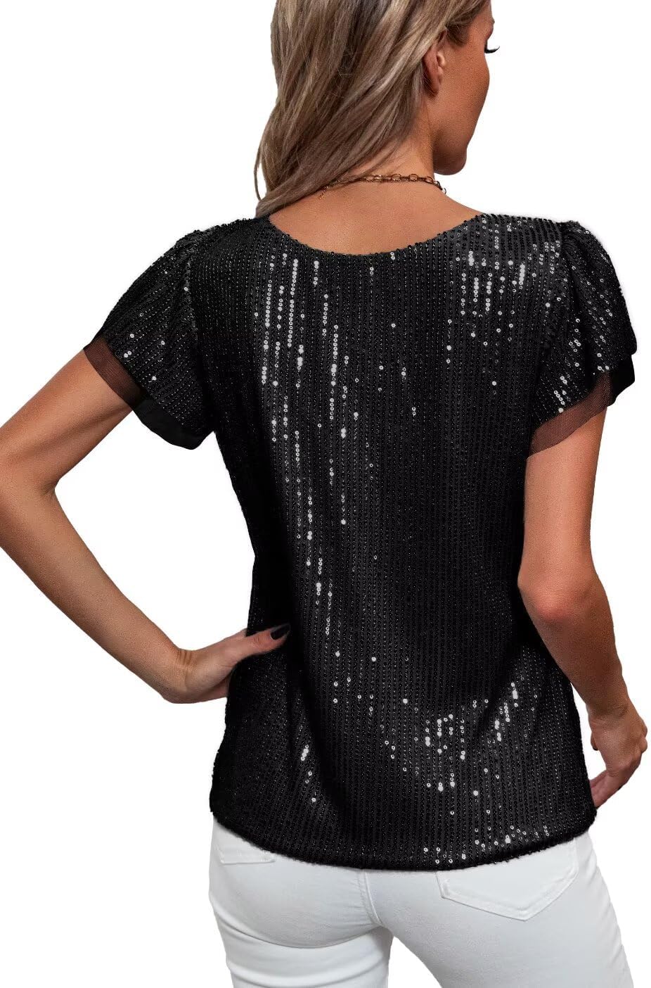 Traleubie Women's Sequin Tops Ruffle Sleeves Glitter Dressy Blouses Round Neck Sparkly Tops for Party, Evening, Cocktail - Image 4