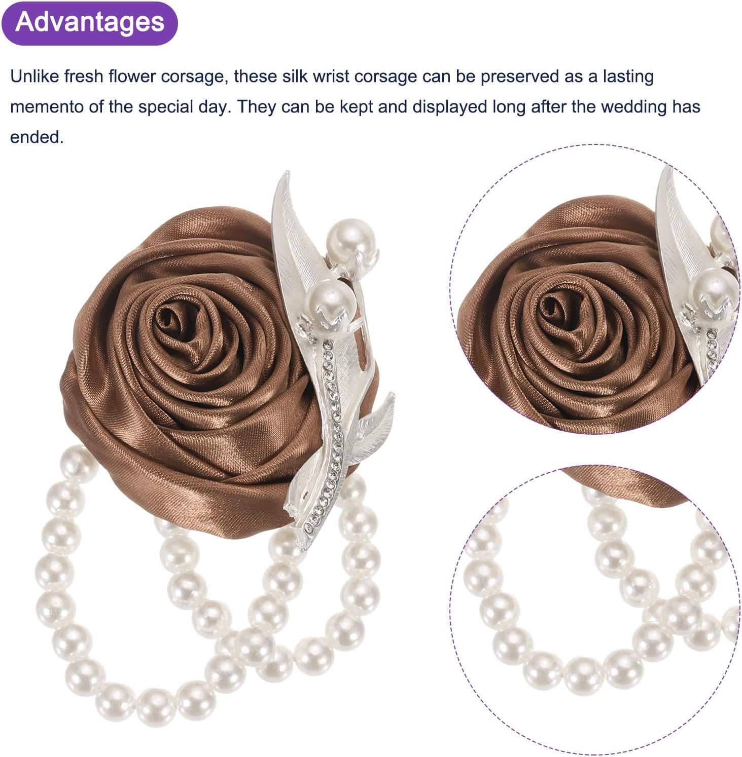 MECCANIXITY 6Pcs Wrist Corsage Artificial Flower with Faux Pearl Bracelets Rose Wrist Bride Groom Decorative for Wedding Ceremony Prom Party Anniversary, 2.4 x 2.8 Inch Coffee