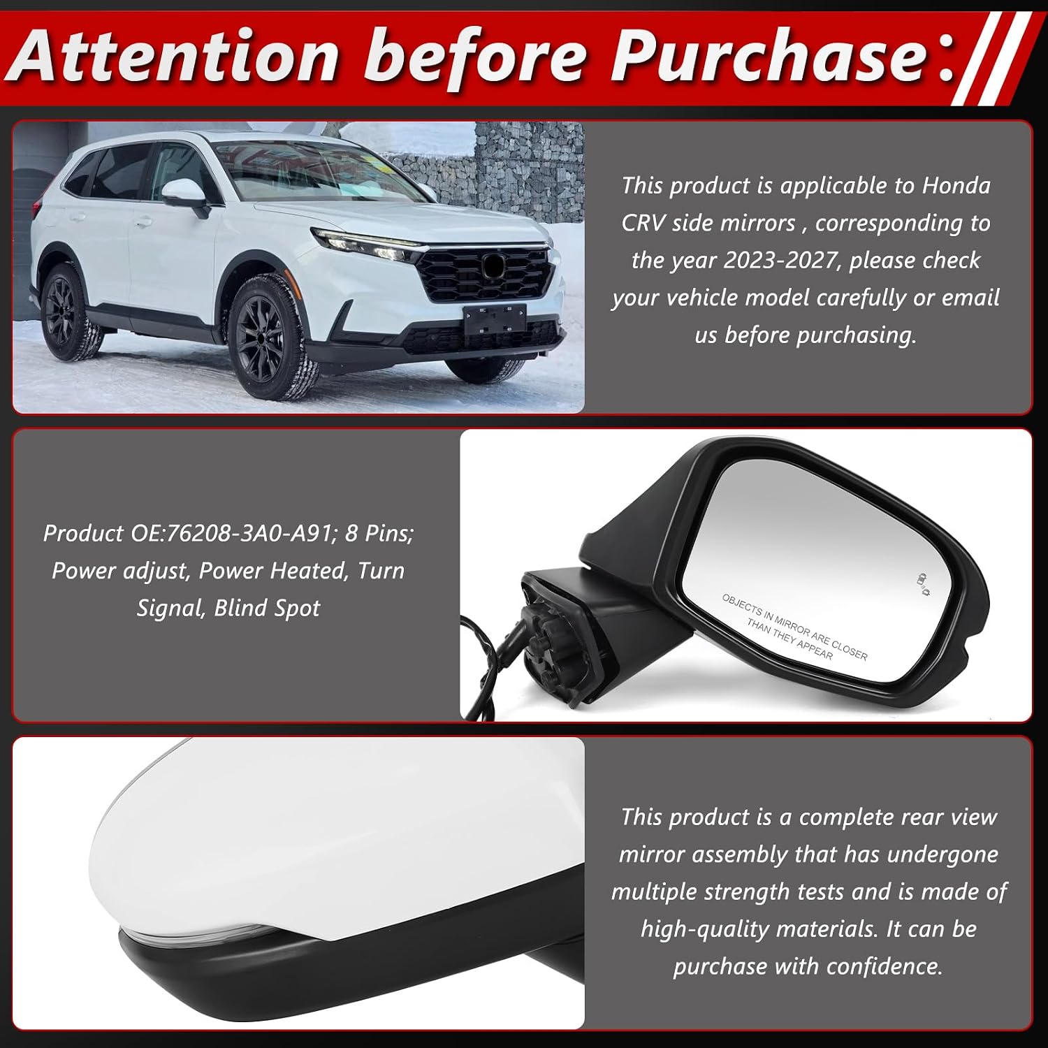 Right Passenger Side Door Mirror Assembly Replace for 2023-2027 Honda CRV, with Power Glass Adjustment, Heated Mirror Glass, Turn Signal, Blind Spot Detection, 8 Pins, OE Part: 76208-3A0-A91