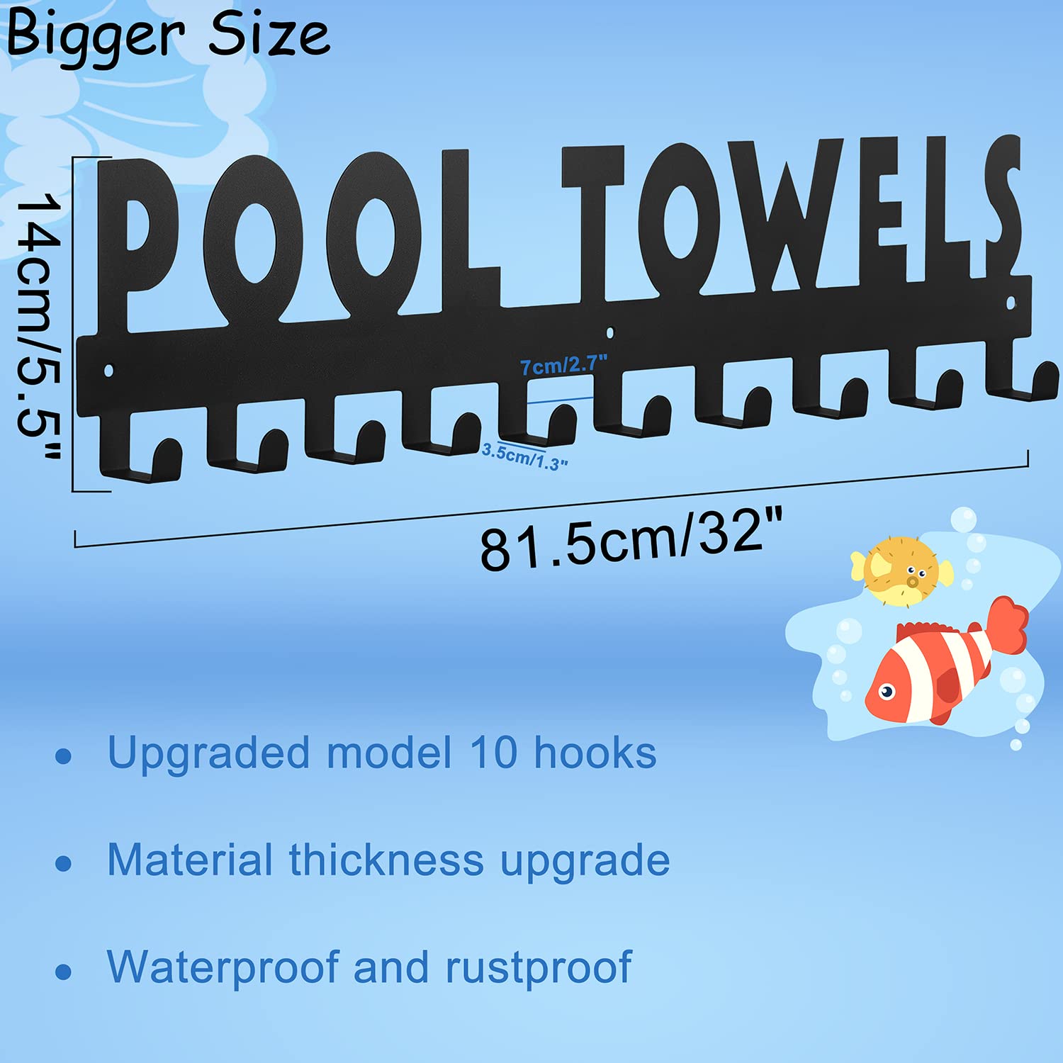 Toallero de pared grande de acero al carbono con 10 ganchos, para baño y piscina, interior y exterior, para albornoces, toallas, abrigos, bañadores, paraguas, bolsos y llaves, negro.