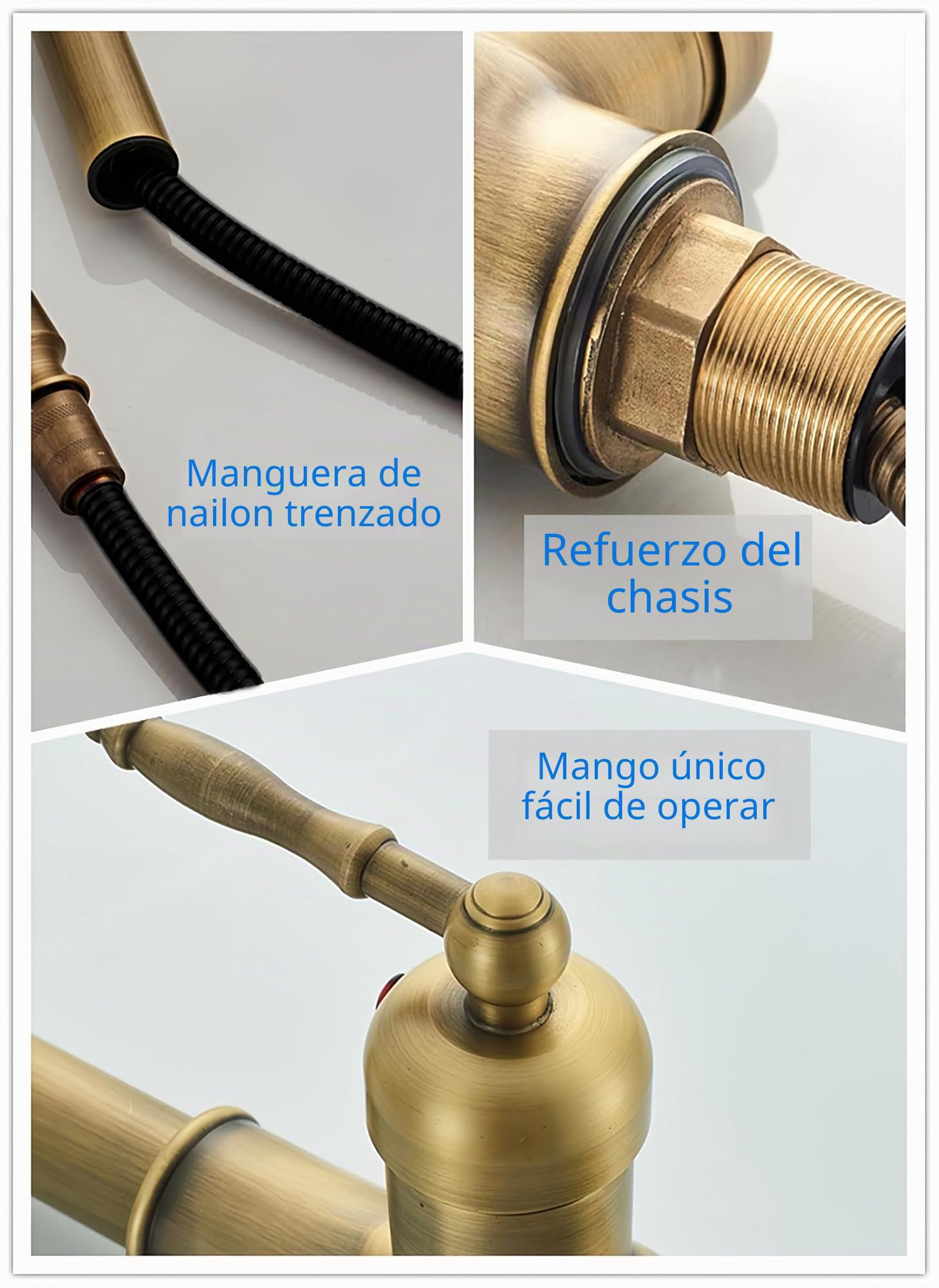 Grifo de Cocina Extraíble Antiguo, Retro Mezclador Fregadero de Latón Cepillado, 360°Giratorio Vintage Grifería Monomando de Cocina Bronce