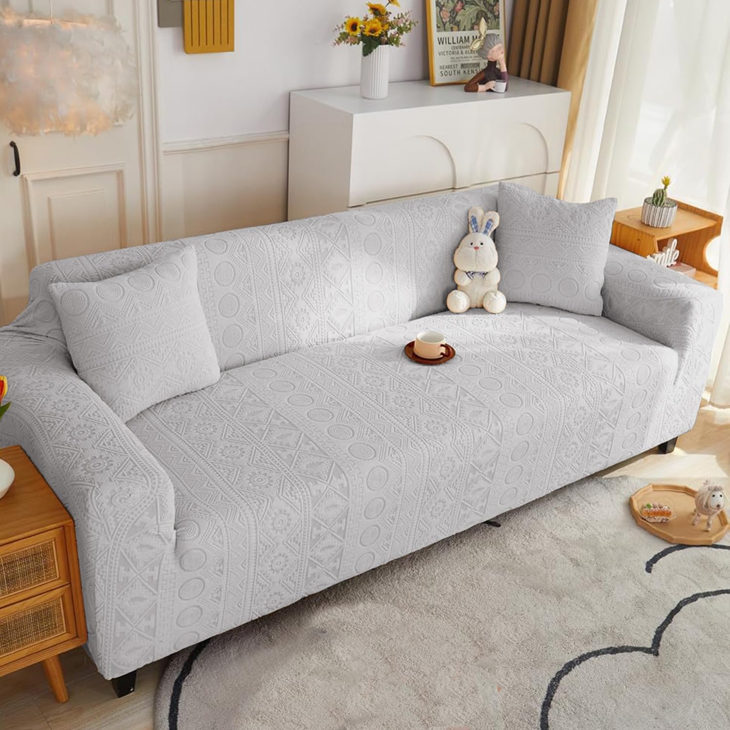 Lukzer Universal 2 Seater Polyester Sofa Cover with 1 Cushion Cover Soft Touching Flexible Stretch Slipcover (Pastel Light Grey Tribal Pattern/SC-072-02/140-180cms) (220 GSM) (B0DF335M3V) Amazon Price History, Amazon Price Tracker
