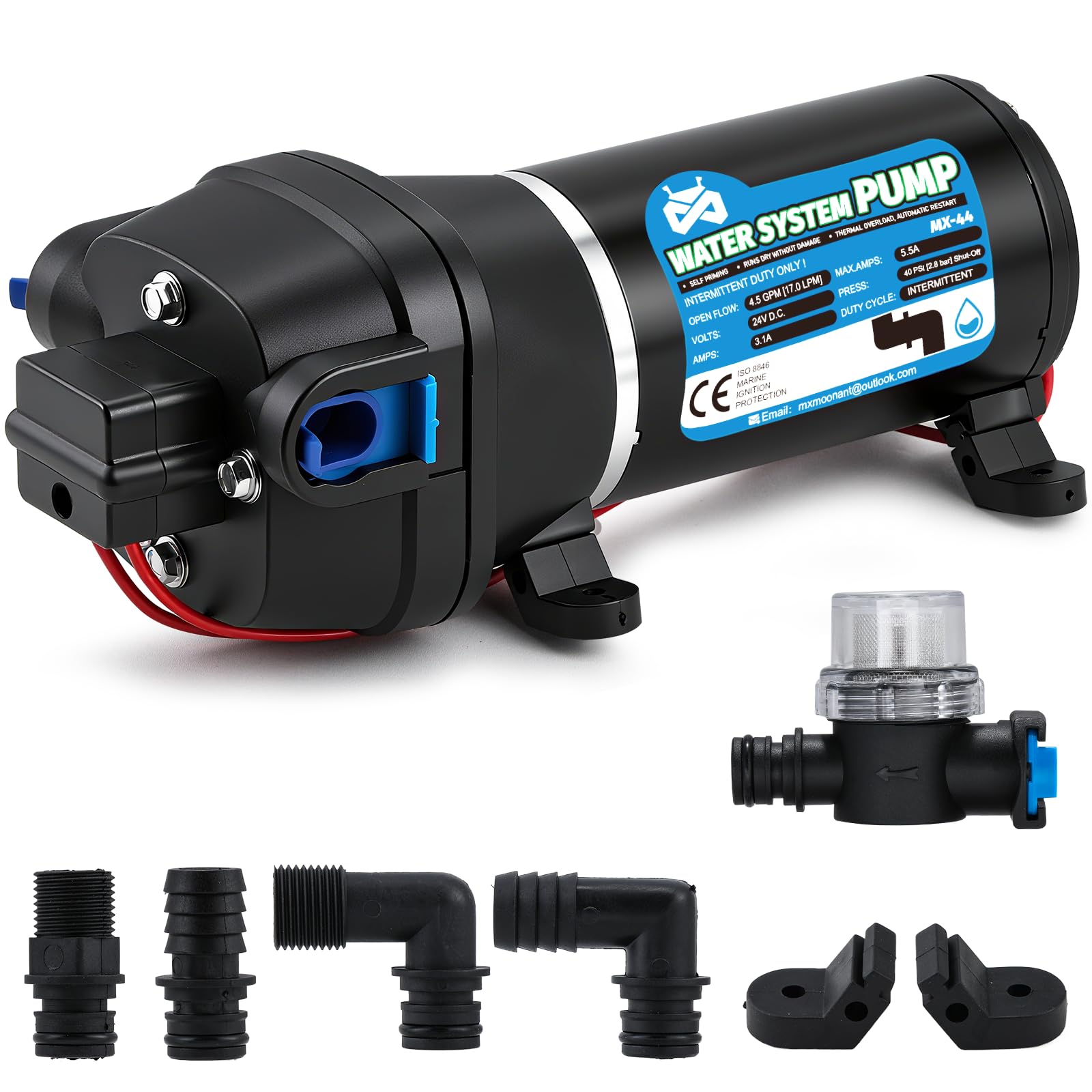Mxmoonant 24V Automatische Wasserpumpe, Druckpumpe, 2.8Bar, 132W, 17L/Min, Selbstansaugend, Überlastungsschutz, Geräuscharm, Membranpumpe für Wohnmobil, Boot, Waschen, Bewässerung, Zirkulation