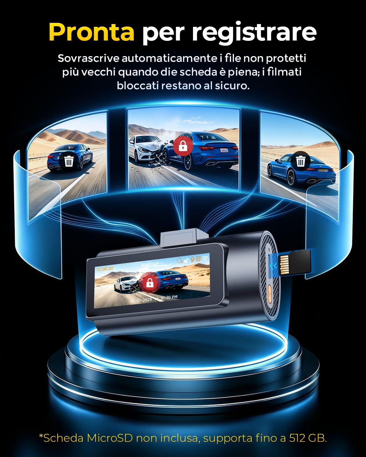 GKU Dashcam Auto Anteriore Posteriore 4K con STARVIS 2, Dash Cam Auto | 3" Schermo IPS, WiFi 6, GPS, registrazione loop, registrazione pre-collisione, supporta 512 GB Max