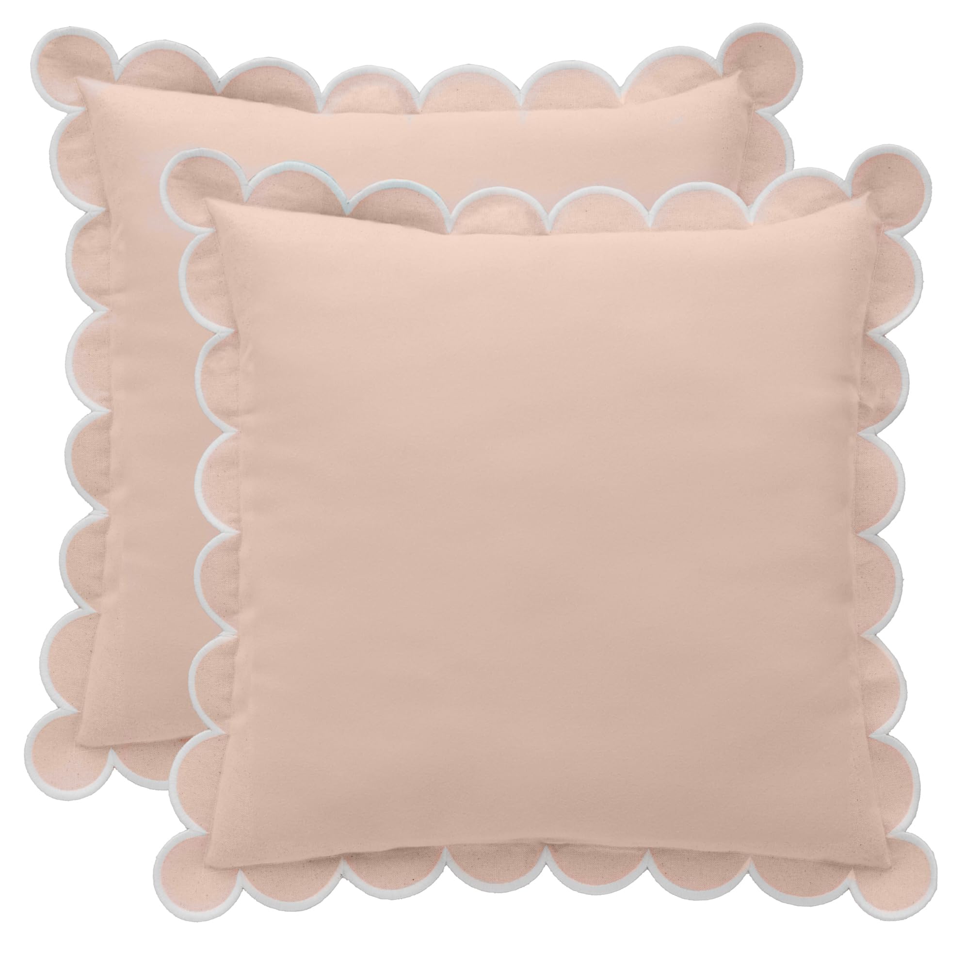 BEBE BASK Scalloped Pillow Cover - Set of 2-18 x 18 Inch - Scallop Pillow Covers - Pink - 100% Cotton - Grandmillennial Style (Dusty Pink/White)