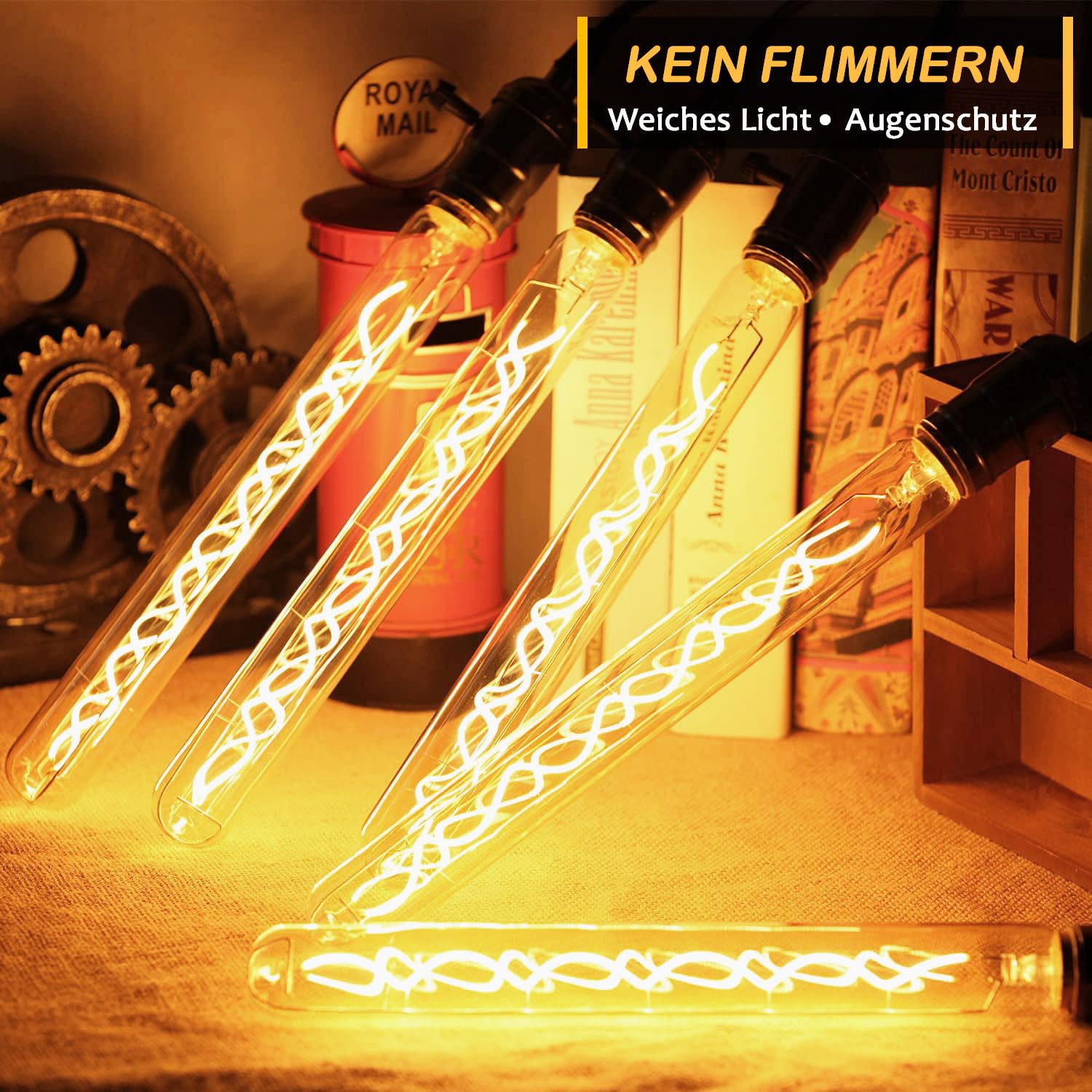 Edison LED Vintage Glühbirne, Dimmbar Flötenrohr Glühbirne E27 4W LED Warmweiss, Vintage Edison Dimmbar lampe E27 Ideal für Nostalgie und Retro Beleuchtung - Bernstein - 4 Stück（T30）