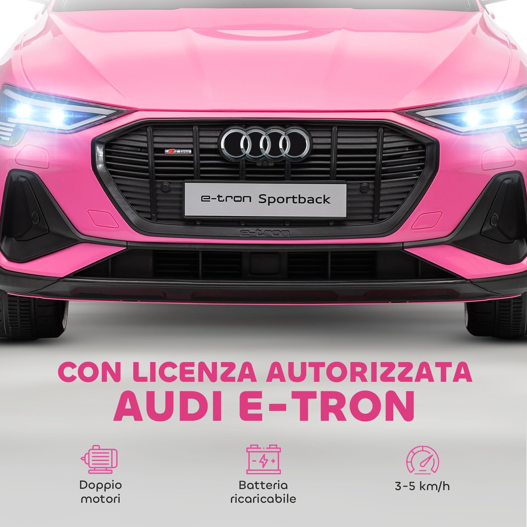 HOMCOM Macchina Elettrica per Bambini 12V Audi E-tron Doppio Motore Telecomando Batteria Ricaricabile Velocità 3-5km/h Luci LED Musica Rosa