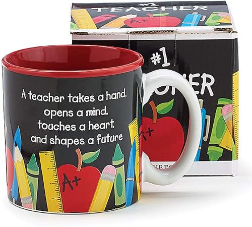 Taza de café #1 de 13 onzas con lápiz, reglas, crayones y detalles de bolígrafo, regalo económico para profesores