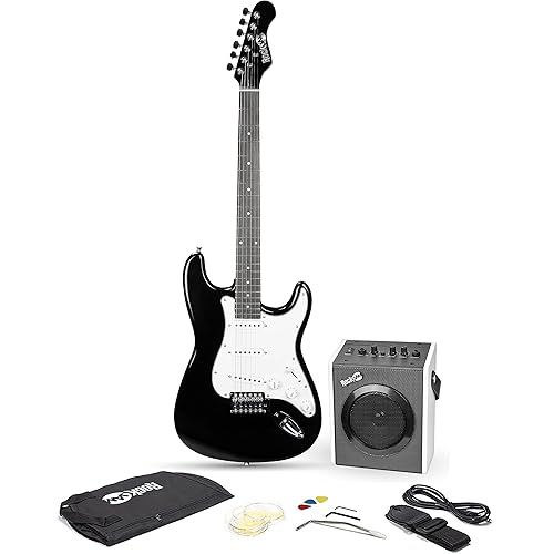 RockJam 6 String Electric Guitar Kit, Right, Black & White, full-size (EG1-BK-SK-V)