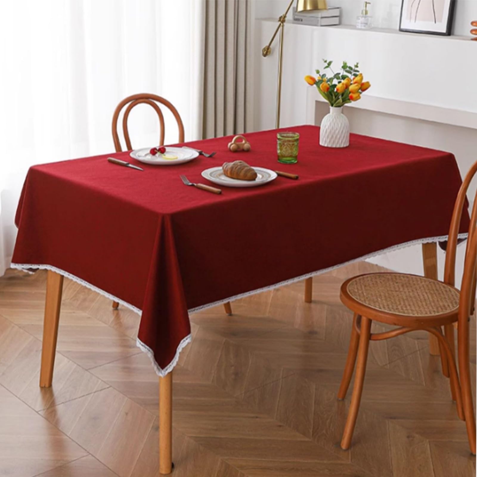 Nappe en Coton Et Lin BordéE De Dentelle, Nappe Rectangulaire De Style Rustique, Convient pour Les Banquets, Les Mariages(Red,140x220cm)