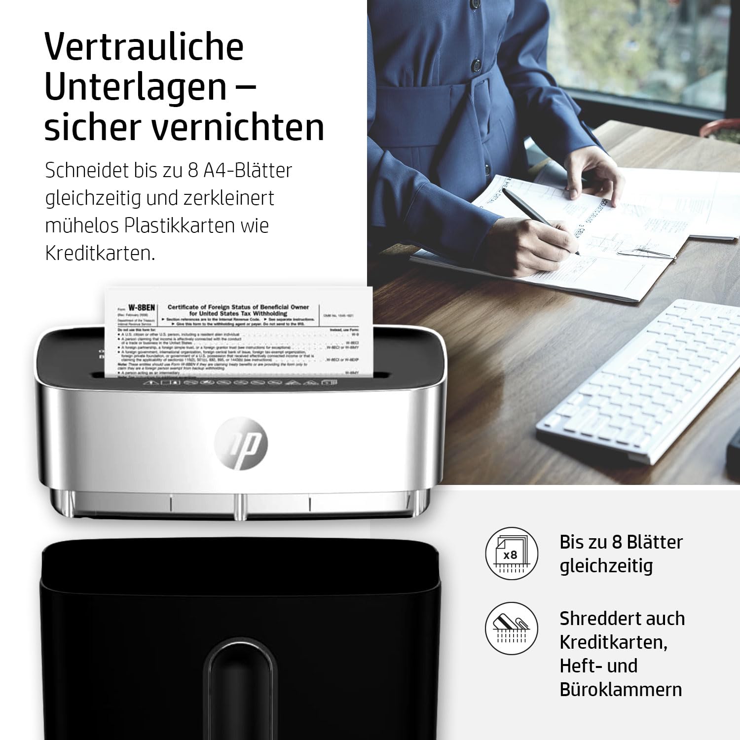HP OneShred 8CC Black Paper Shredder Safety Level P-4 Cross Cut 8 Blades Black Silver