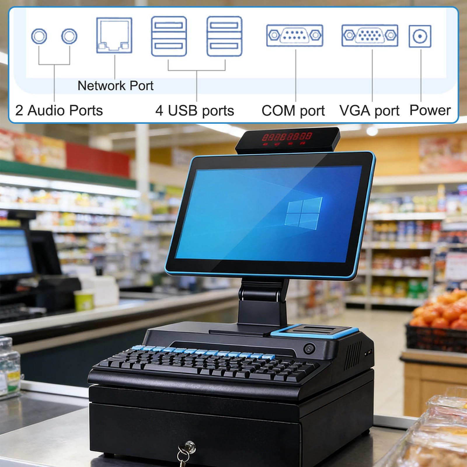 Registratore di Cassa Touchscreen da 15,6 Pollici per POS, Ideale per Piccole Imprese, con Tastiera, Cassetto Contanti e Stampante Single Screen Black