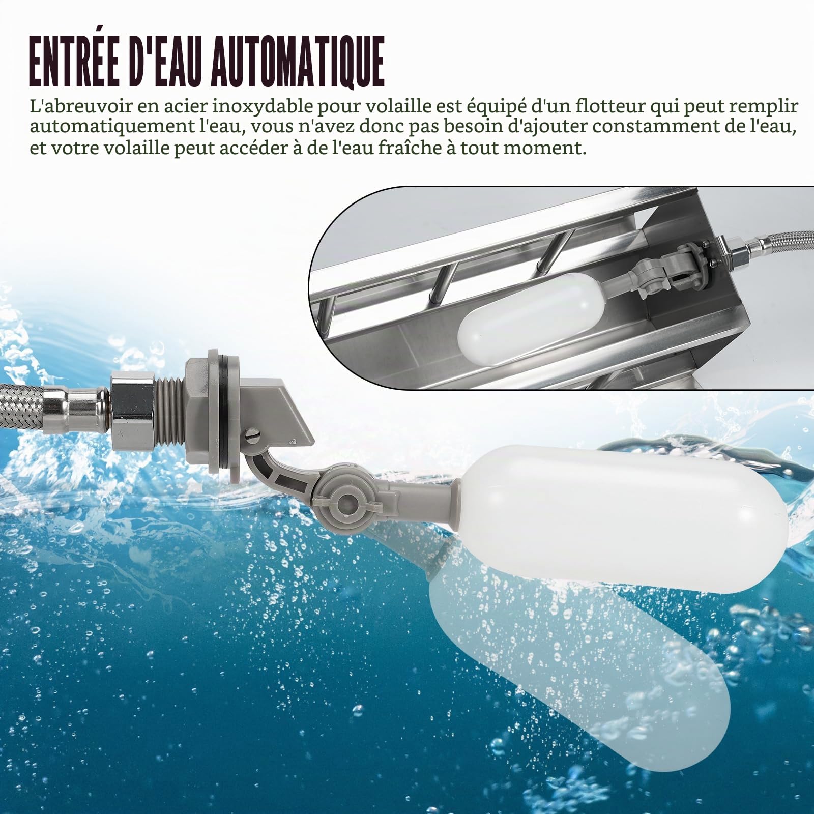 Abreuvoir Automatique pour Pigeon 2.6L Acier Inoxydable Volaille Automatique Abreuvoir Fontaine à Boire pour Pigeons avec Vanne à Flotteur de 1/2 Pouce et 80cm Tuyau Tressé