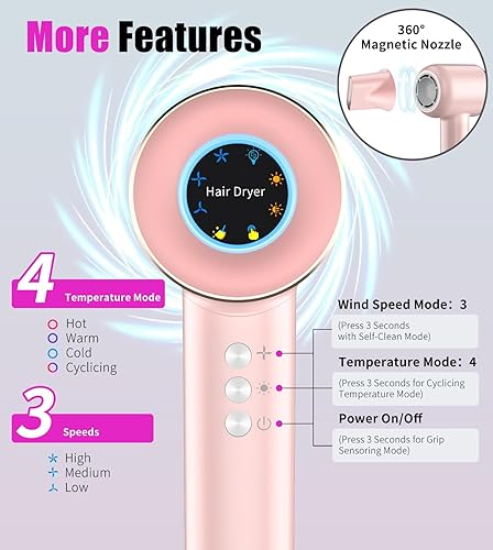 Miniatura 7 de Secador de pelo, 110000 rpm, secador inteligente de alta velocidad, 200 millones de iones negativos, alambre calefactor de doble capa para secado