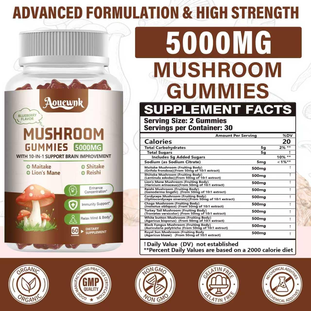 2 Pack 5000MG Mushroom Gummies for Men & Women - 10-in-1 Blend Mushroom Complex Supplement containing Lion's Mane, Brain and Immune Boosting, Blueberry Flavor, Non-GMO, 120 Counts - Image 2