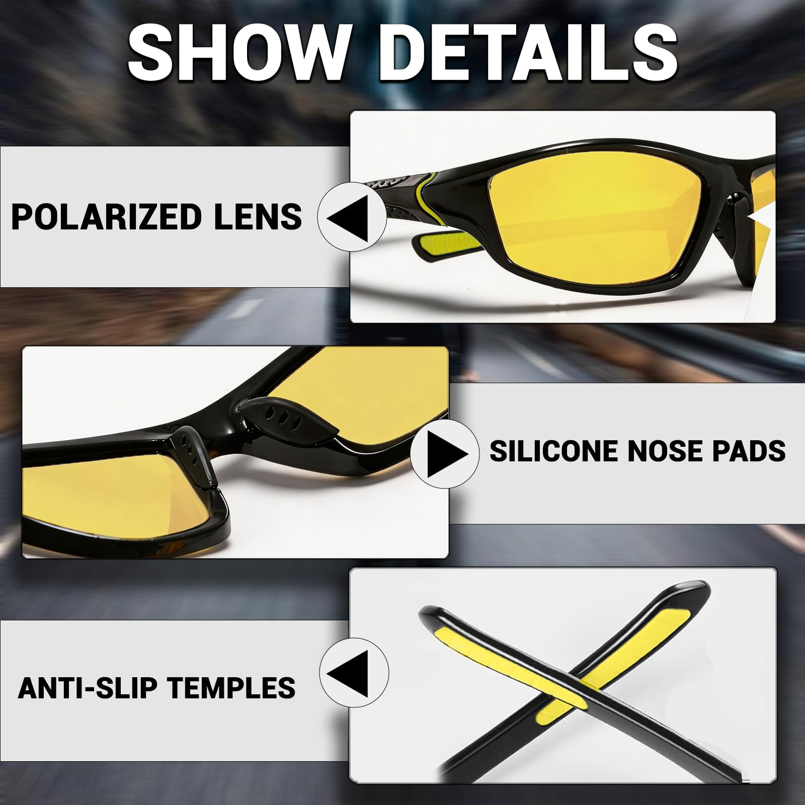 3Pack Polarised Night Driving Glasses Anti Glare, 2026 New Night Vision UV400 Protection Sports Sunglasses for Men Women, Yellow Glasses Set for Cycling Running Driving Fishing — view 6
