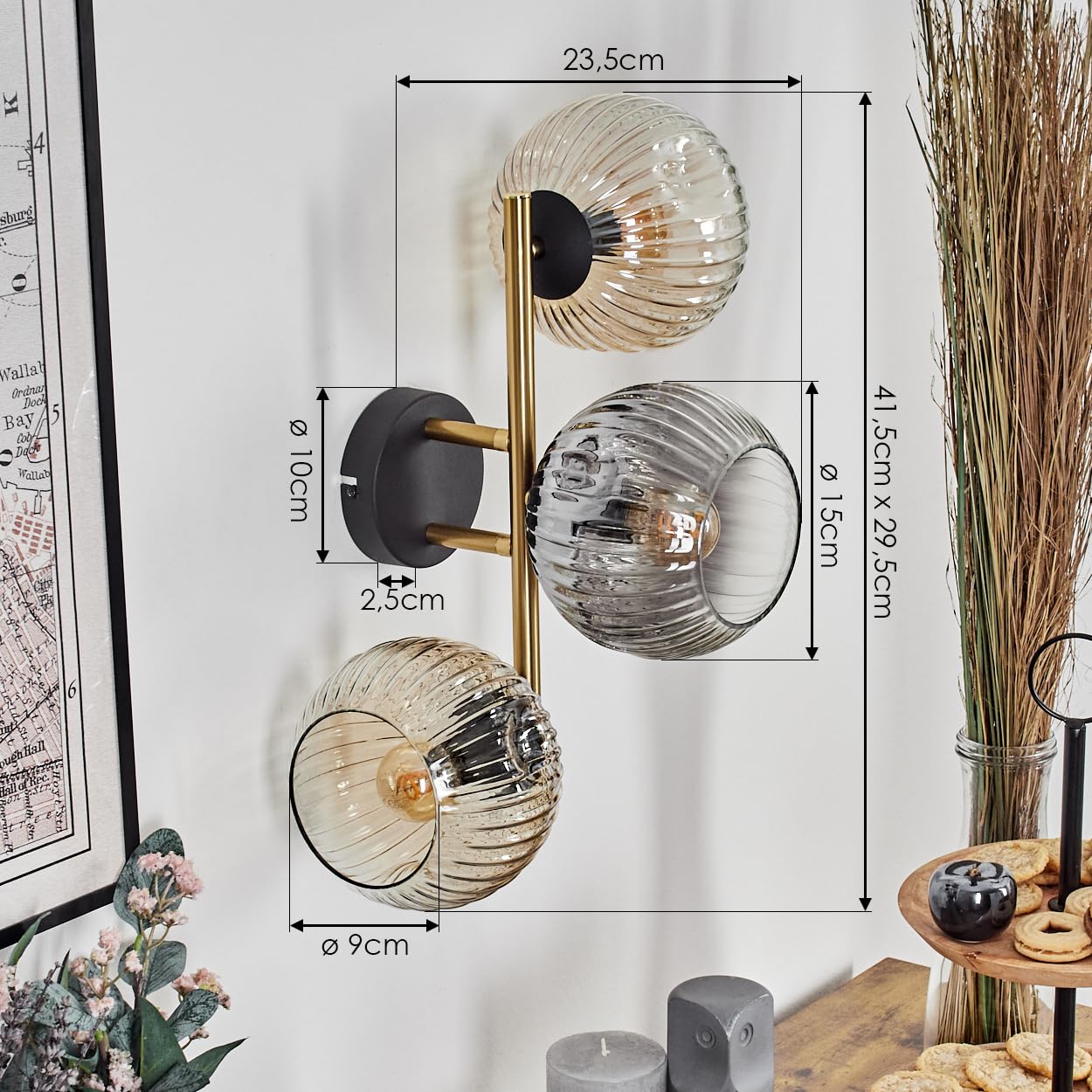 HOFSTEIN Wandleuchte Ripoll, Wandlampe aus Metall/Riffelglas in Schwarz/Gold/Rauch/Bernstein/Klar, Leuchte im Vintage-Design (Schirme Ø 15 cm), E14, Wohnzimmer, Schlafzimmer, Küche, Flur, Treppenhaus