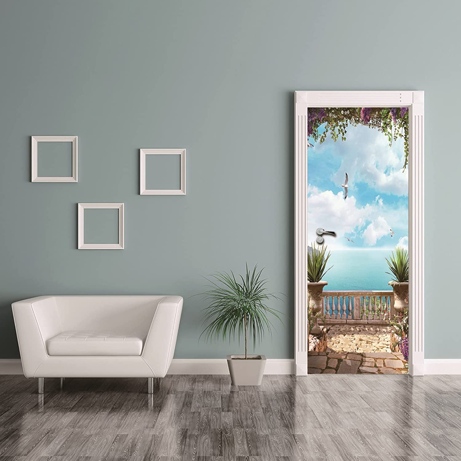 BARFPY Adesivi per Porte murale 3D Paesaggio della spiaggia del cielo blu Autoadesivo Carta Parati Porta Impermeabile Soggiorno Bagno Stanza dei bambini Camera da letto Decorazioni per la casa Carte d