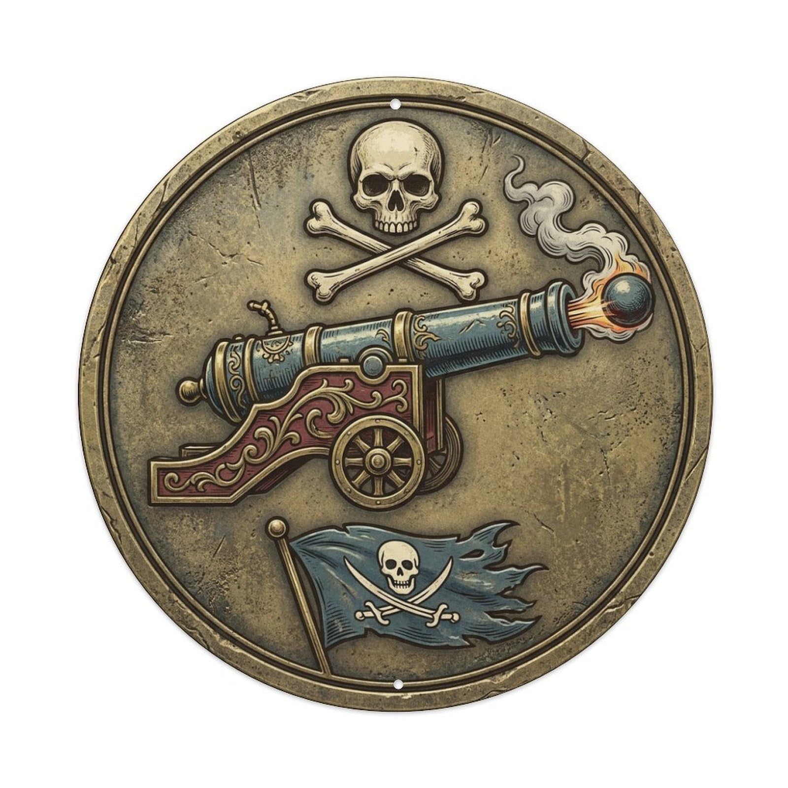 Big Cannon Skull Crossbones Black Flag Pirate Emblem Metal Tin Sign