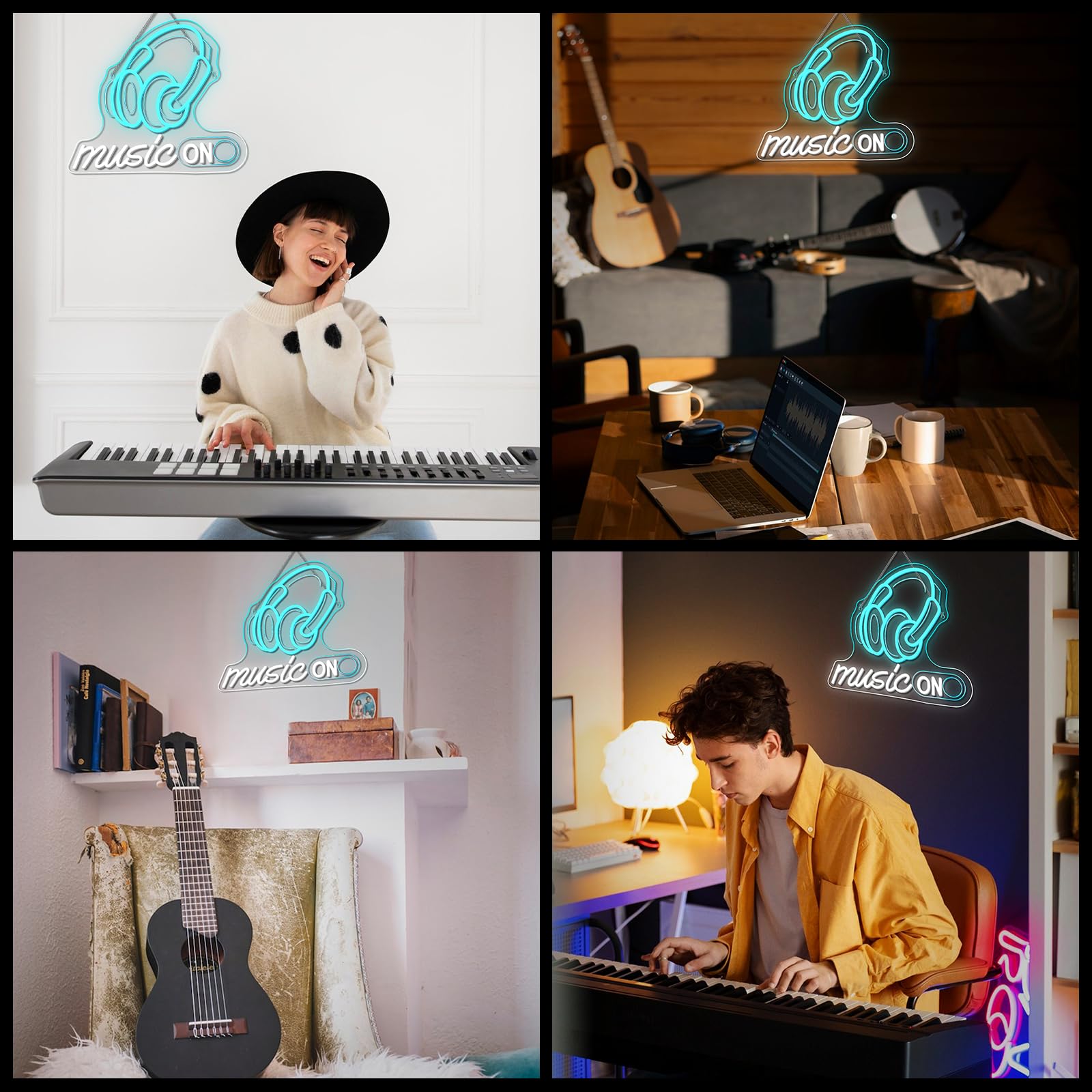 Horseneon Letrero de neón rítmico LED para decoración de pared para estudios de DJ, salas de música y configuraciones de jugadores, alimentado por USB con brillo ajustable, diseño de auriculares