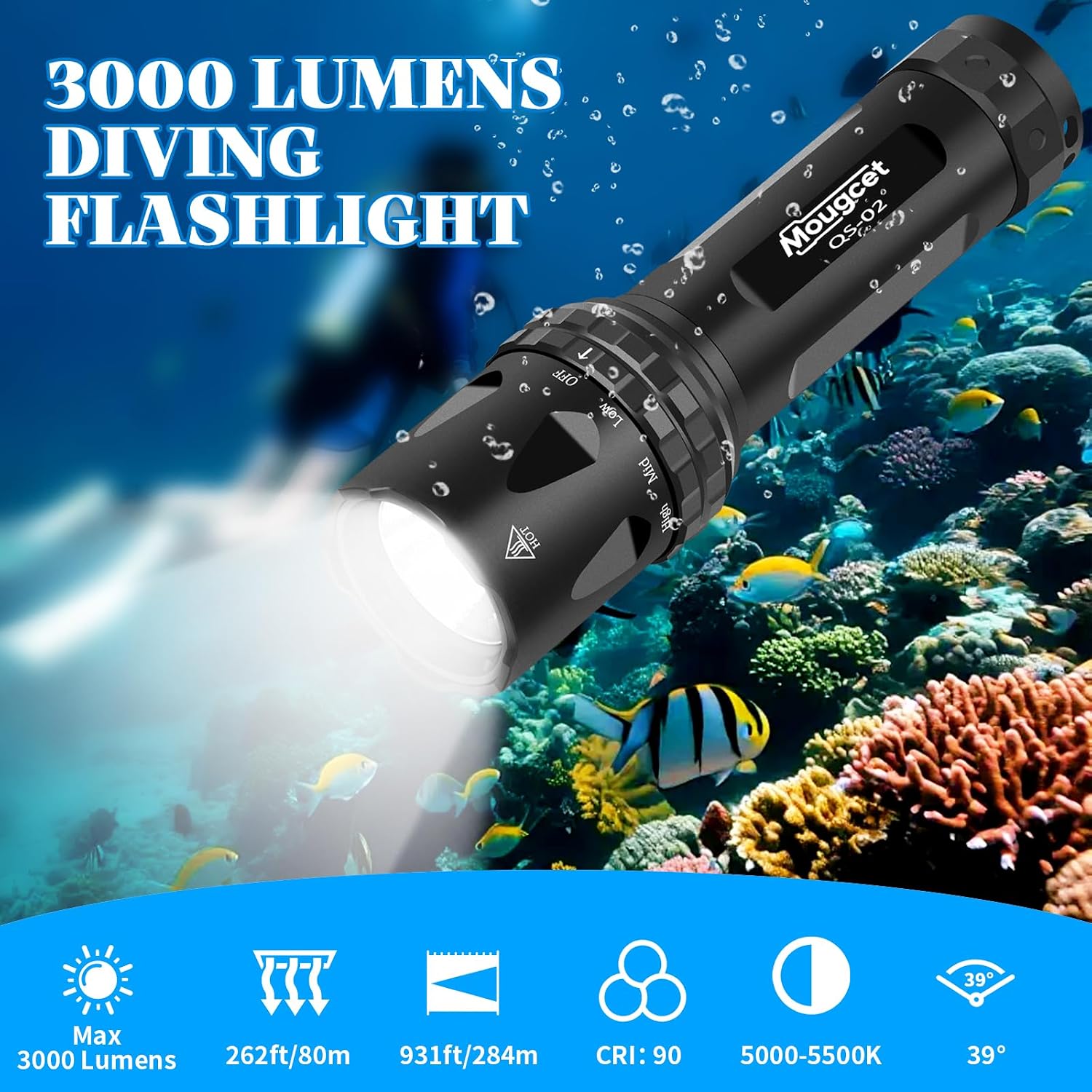 Dive Light 3000 Lumens Scuba Diving Flashlight, IPX8 Waterproof 262ft Underwater Flashlight with 3 Modes, Rechargeable Diving Light for Night Diving Cave Snorkeling