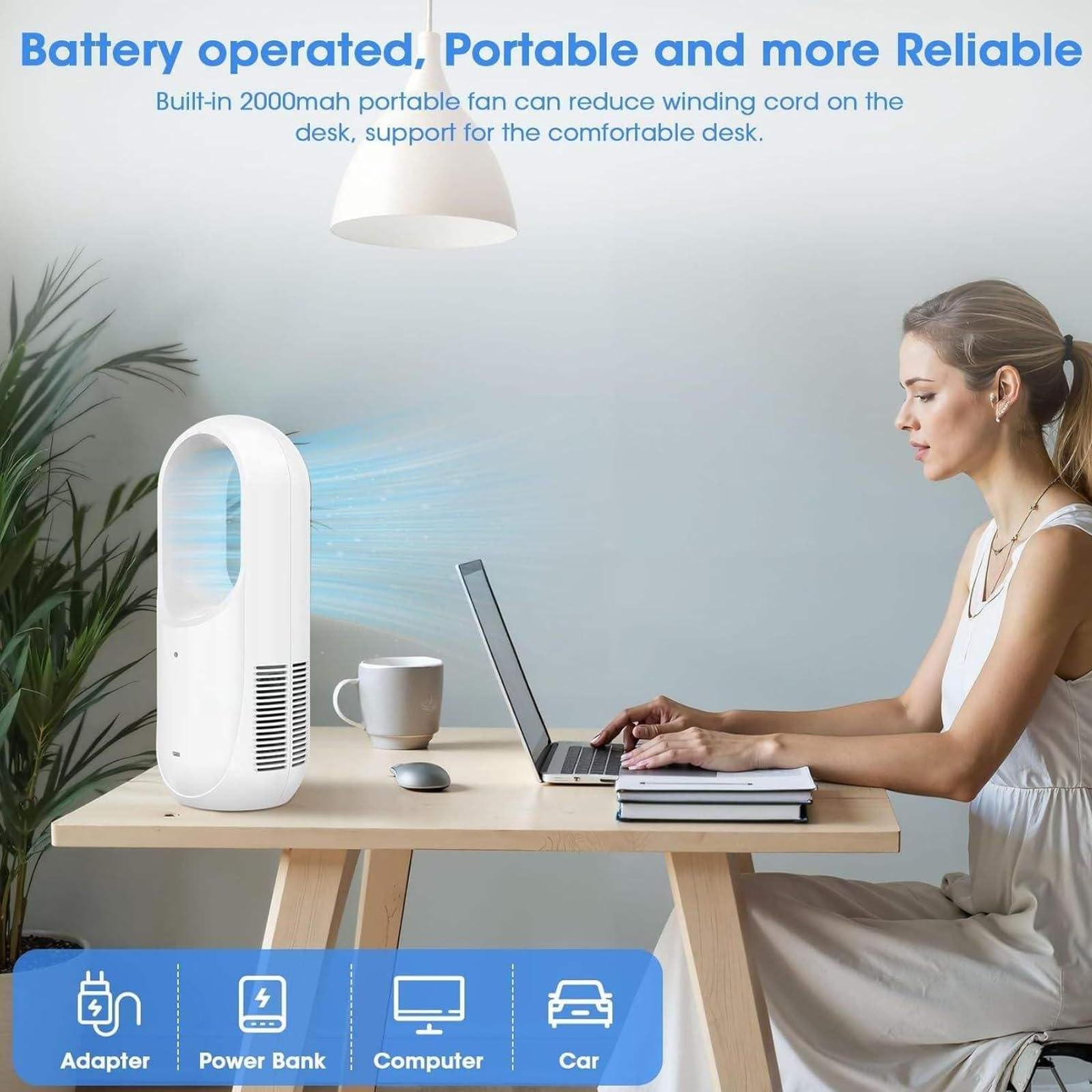 Ventilatore a torre senza pale, USB, silenzioso, oscillante, 6 velocità, 2000 mAh, ricaricabile, compatto, 13 x 30 cm, sicuro per casa, camera da letto, ufficio, dormitorio, cucina
