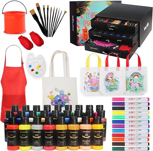 Miniatura 21 de Colorful Juego de pintura de tela con 6 pinceles, 1 paleta, 26 colores, impermeable, kit de pintura textil permanente para adultos a artes en ropa