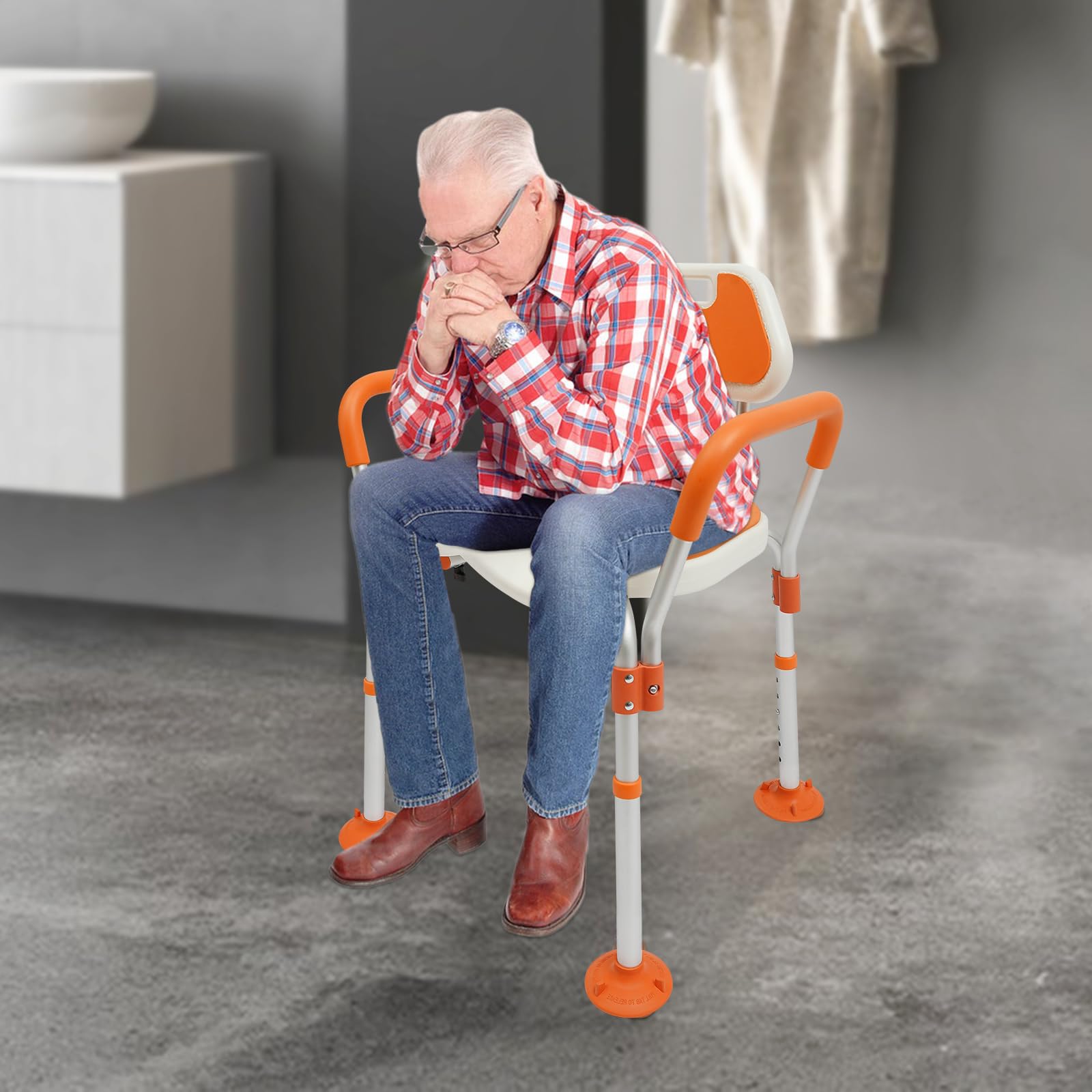 Silla de ducha ajustable en altura con respaldo, reposabrazos, silla de baño para personas con discapacidad, para personas mayores, discapacitados, embarazadas y lesionadas, hasta 125 kg, 58 x 53 cm