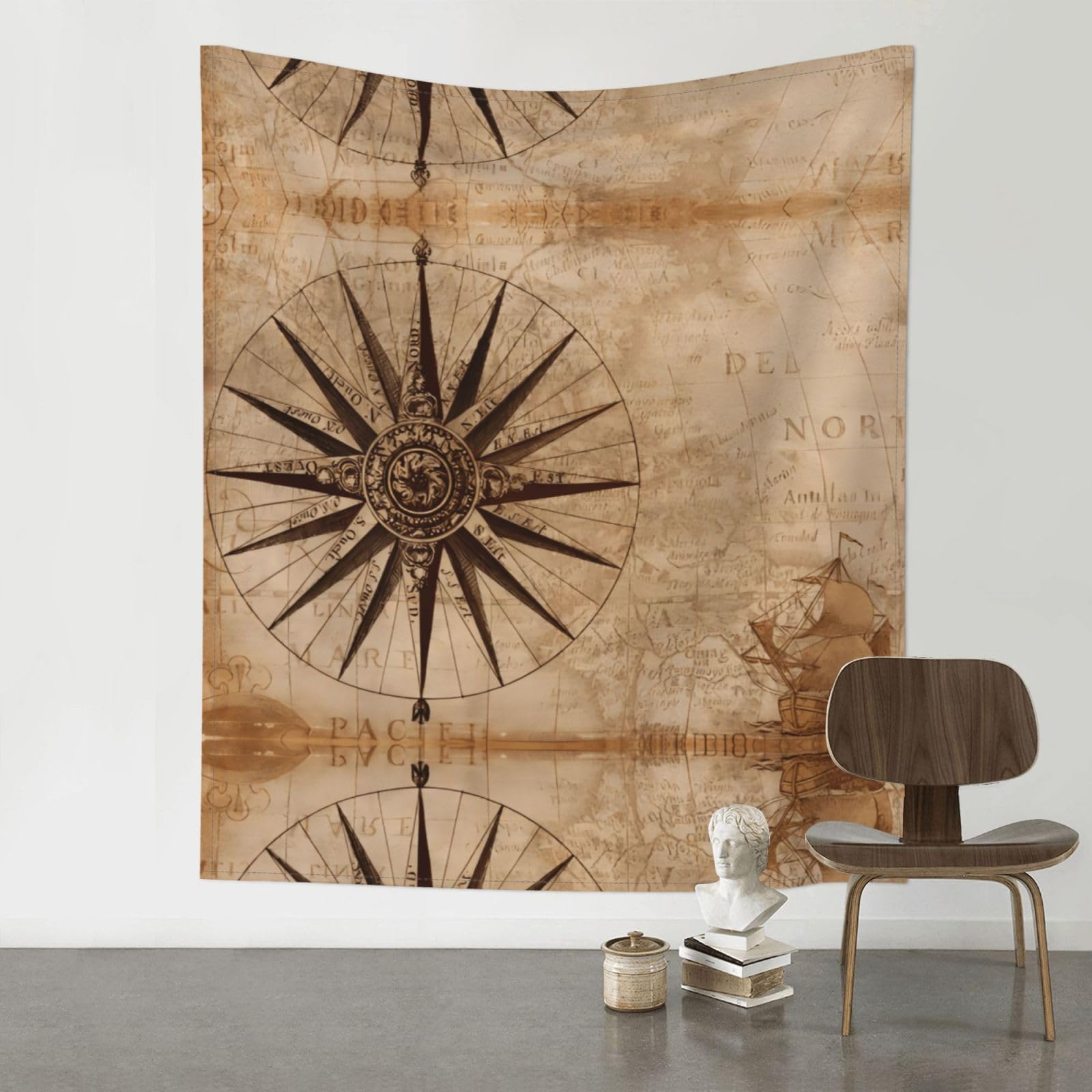 WHJSSF Compass Map Nautical Prints 60x51in Wall Tapestry Bohemian Throw Blanket Dorm Decor Beach Picnic Cover