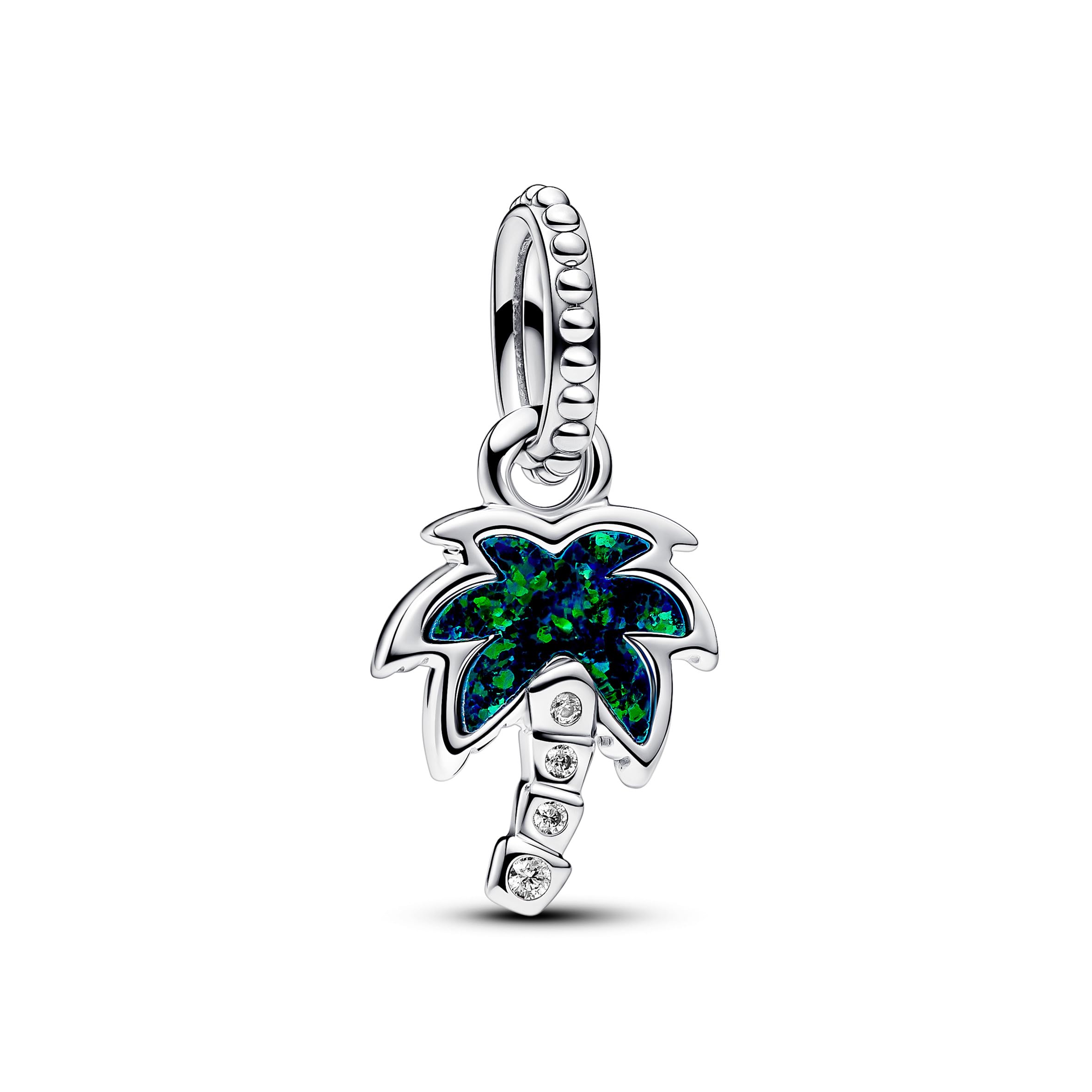 PANDORA Pendente a forma di palma Moments in argento Sterling con opale verde blu creato in laboratorio e zirconi cubici trasparenti