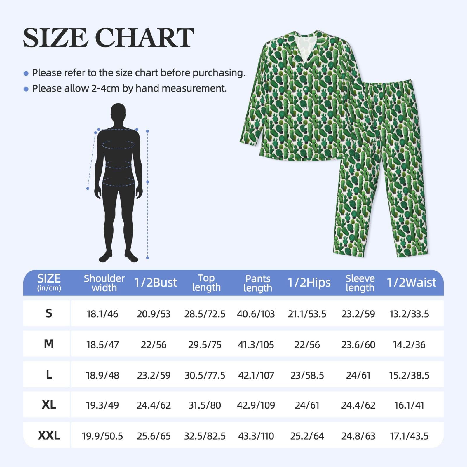 Herren-Pyjama-Set, langärmelig, Kaktusmuster, zweiteilig, bequem, Nachtwäsche, Grün